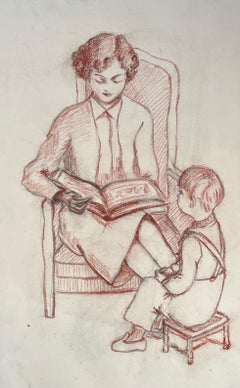Mid-Century French Red Pastel Drawing of Mother Reading to Child on Small Stool