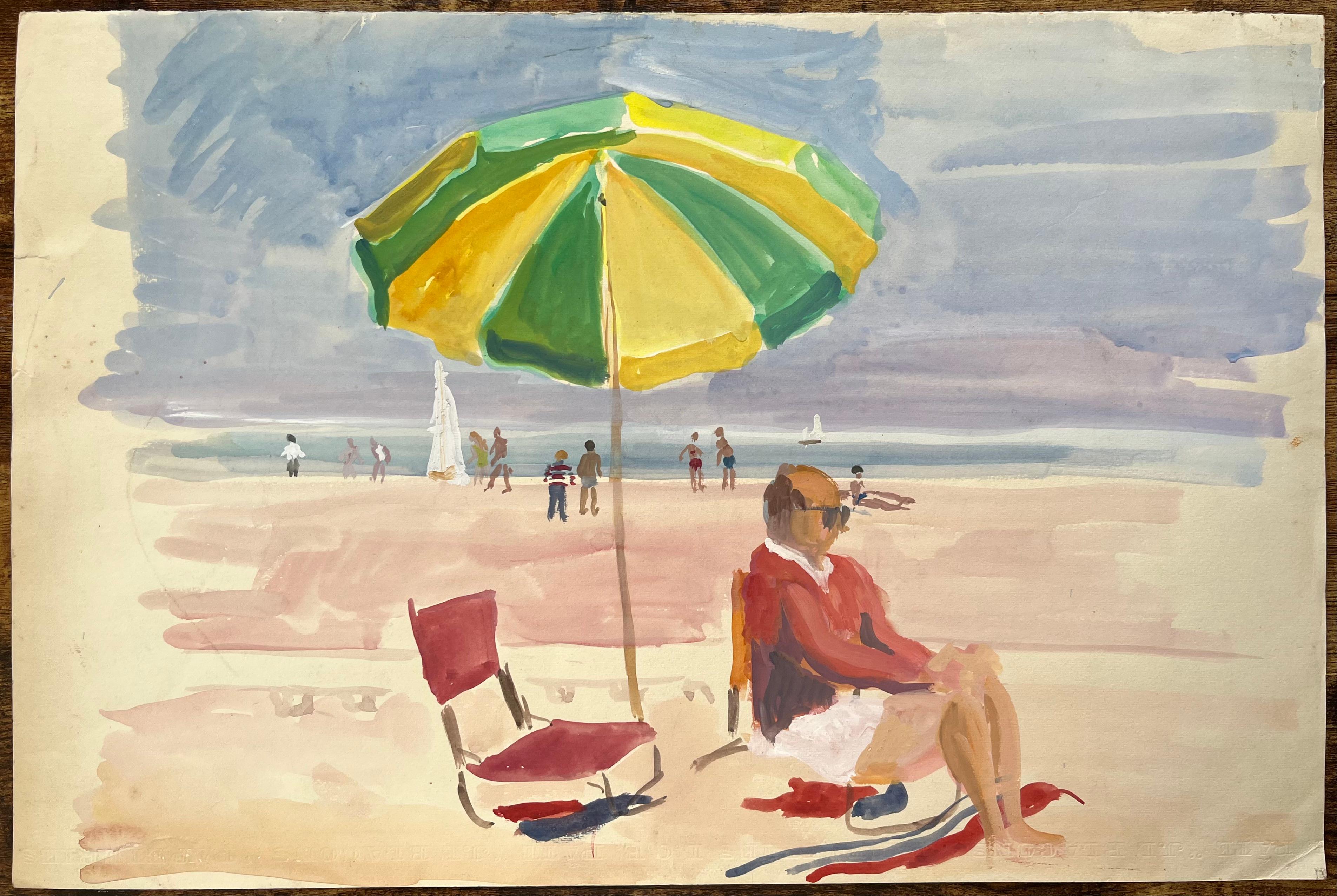 Mid-Century French Watercolour Beach Scene With Green Umbrella and Seated Figure - Painting by Anne Marie Migette Perard