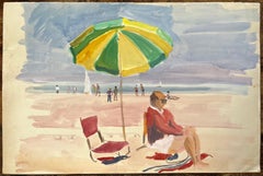 Mid-Century French Watercolour Beach Scene With Green Umbrella and Seated Figure
