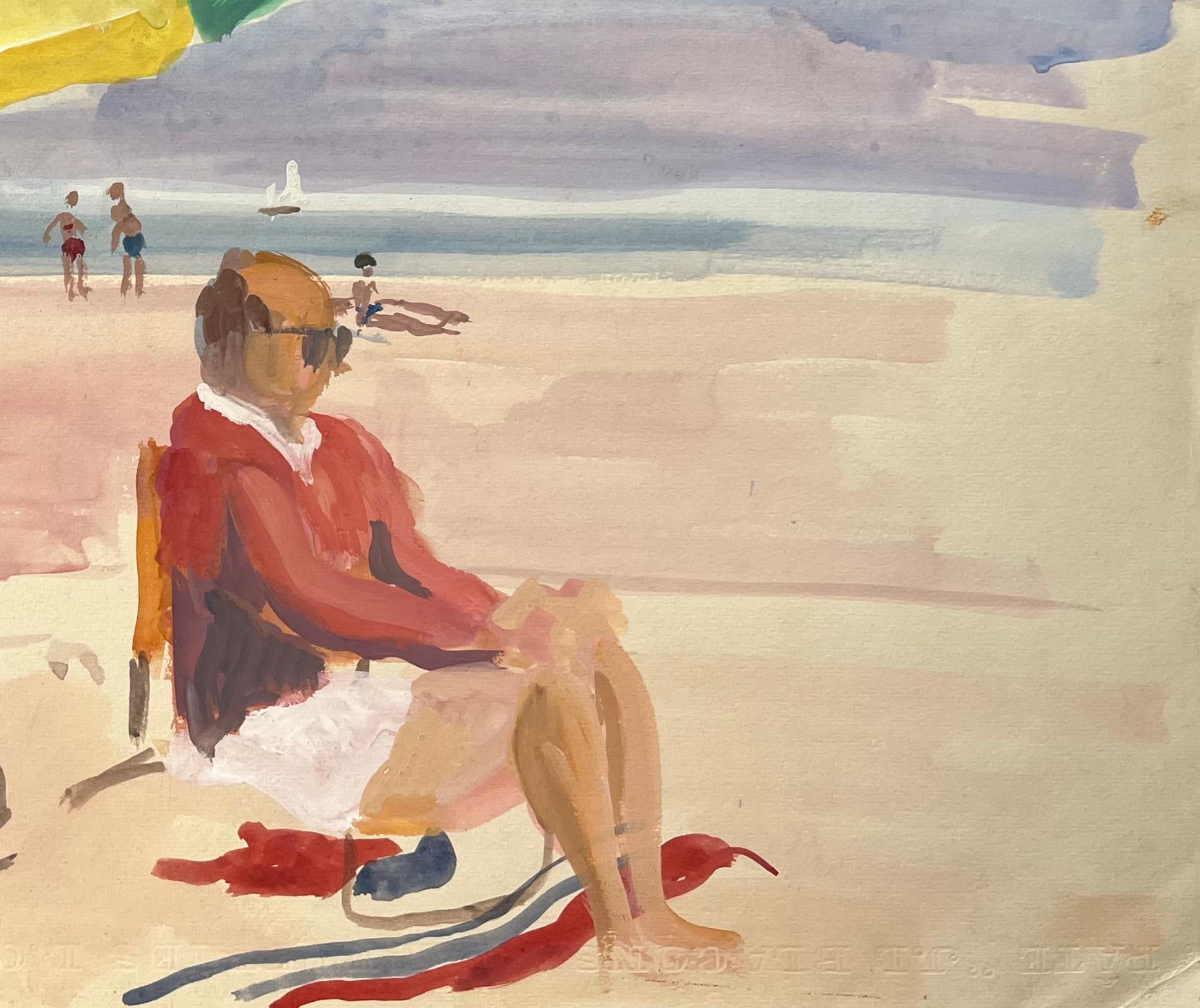 Mid-Century French Watercolour Beach Scene With Green Umbrella and Seated Figure - Post-Impressionist Painting by Anne Marie Migette Perard