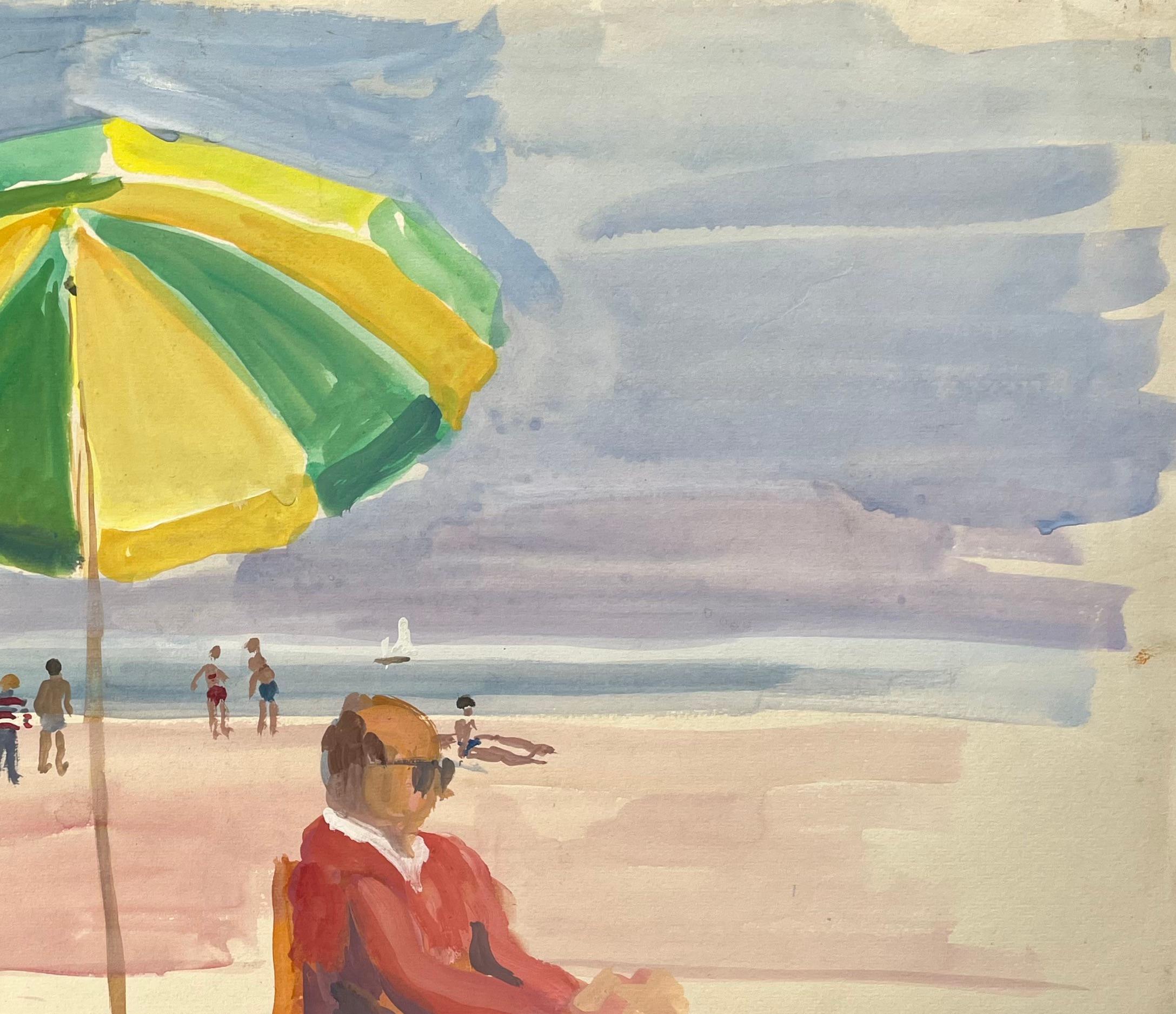 Mid-Century French Watercolour Beach Scene With Green Umbrella and Seated Figure - Beige Figurative Painting by Anne Marie Migette Perard