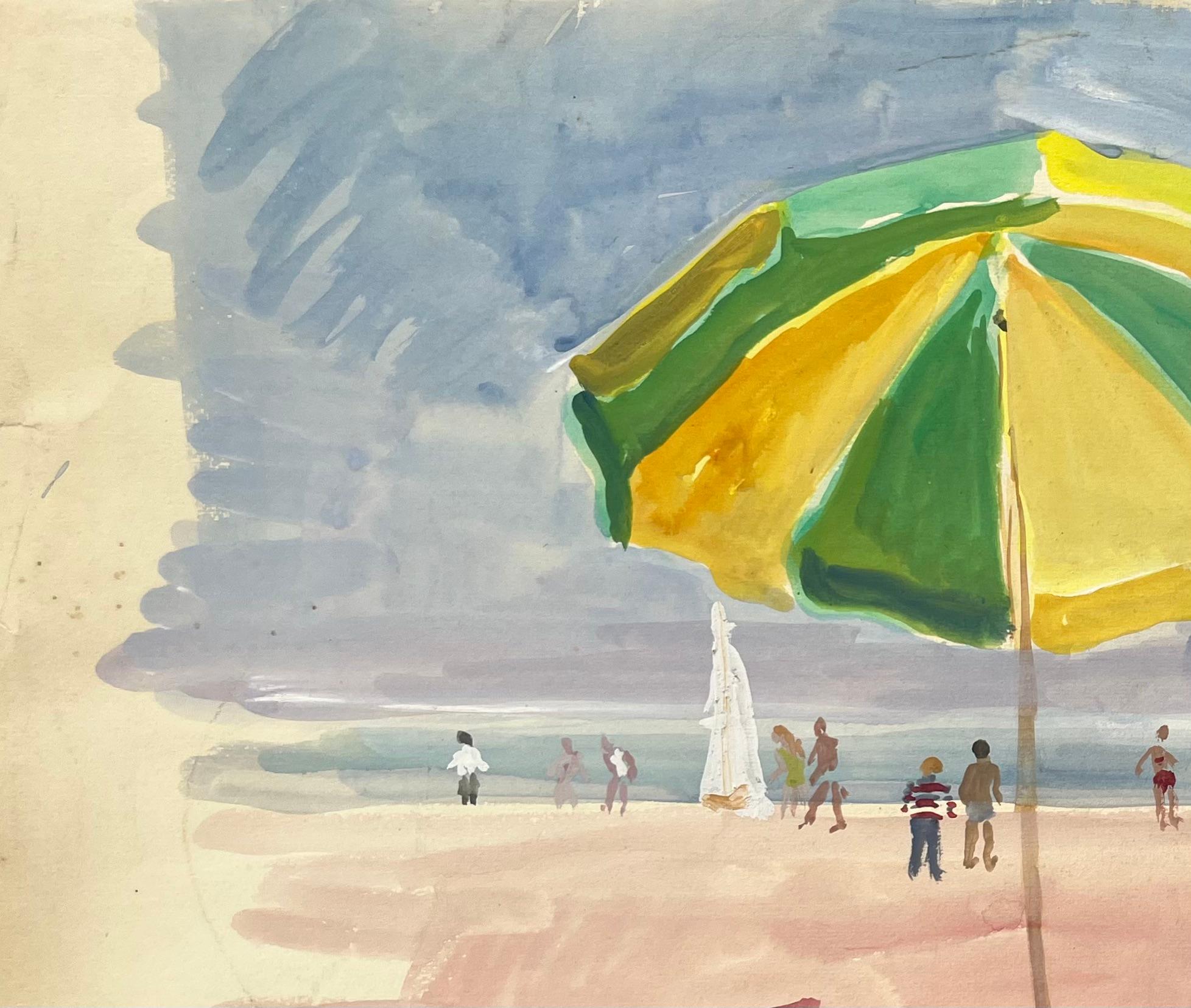 Title: Mid-Century French Watercolour Beach Scene With Green Umbrella and Seated Figure
by Anne Marie Migette Perard (French 1902-1977)
Medium: Watercolor on unframed paper
Size: 13.25 inches (height) x 20.25 inches (width) 
Condition: As is normal