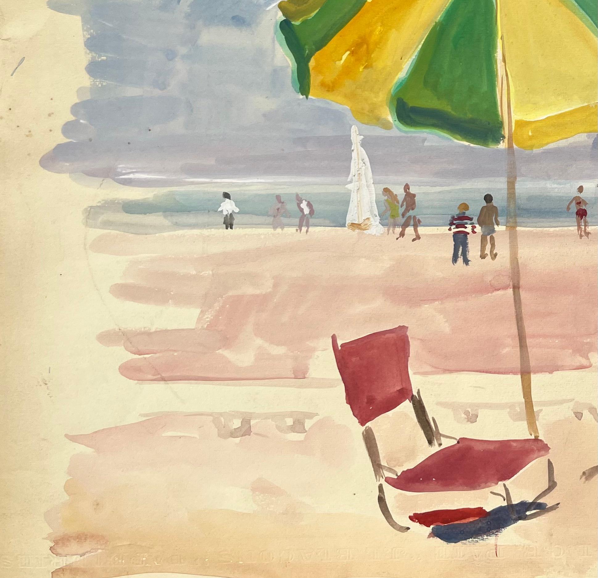 Mid-Century French Watercolour Beach Scene With Green Umbrella and Seated Figure For Sale 1