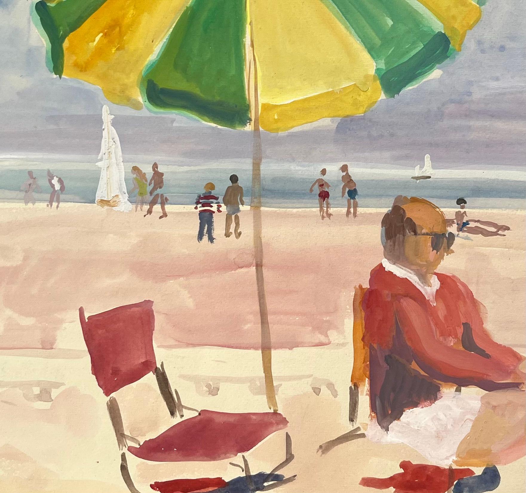 Mid-Century French Watercolour Beach Scene With Green Umbrella and Seated Figure For Sale 2