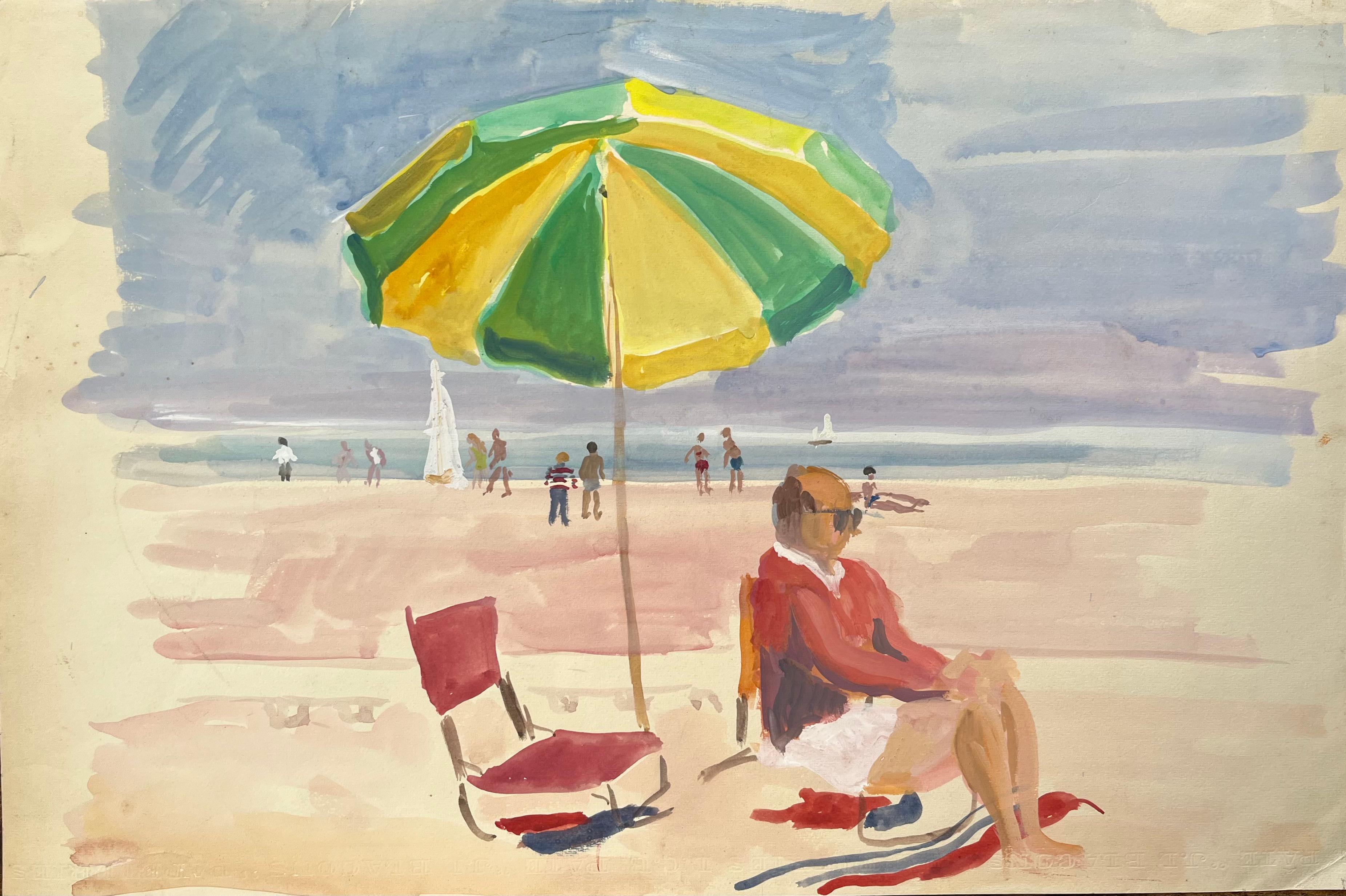 Anne Marie Migette Perard Figurative Painting - Mid-Century French Watercolour Beach Scene With Green Umbrella and Seated Figure