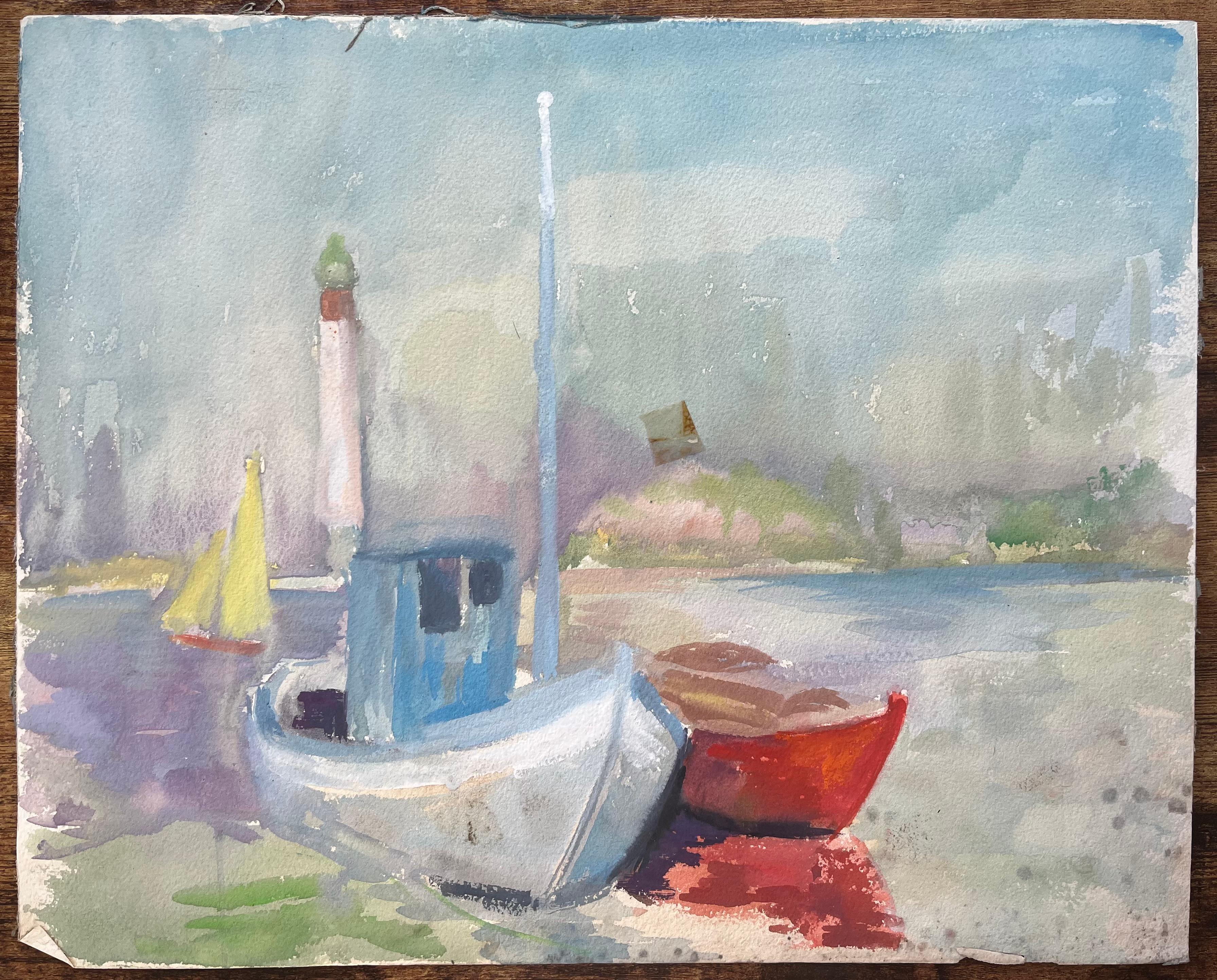 Mid-Century French Watercolour of Fishing Boats and Lighthouse on a Quiet Shore - Painting by Anne Marie Migette Perard