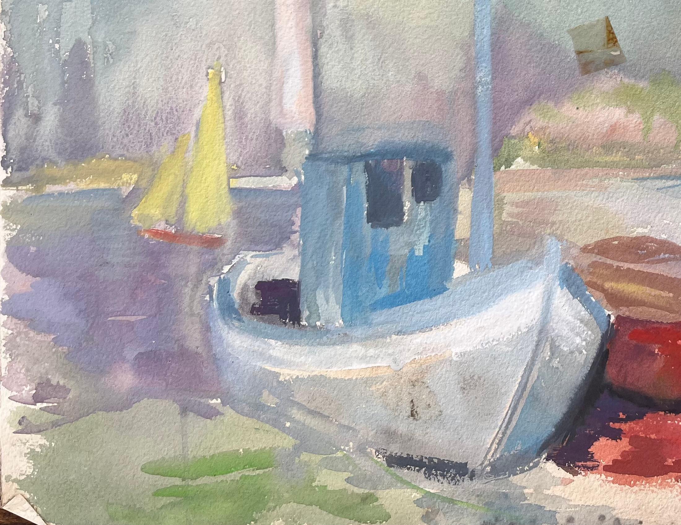 Mid-Century French Watercolour of Fishing Boats and Lighthouse on a Quiet Shore - Post-Impressionist Painting by Anne Marie Migette Perard
