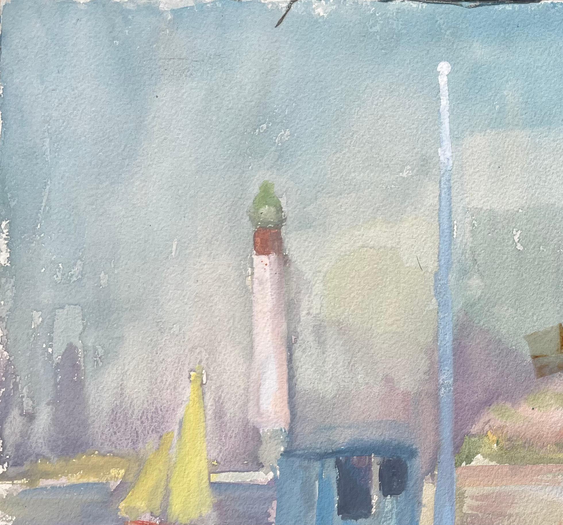 Mid-Century French Watercolour of Fishing Boats and Lighthouse on a Quiet Shore - Gray Figurative Painting by Anne Marie Migette Perard