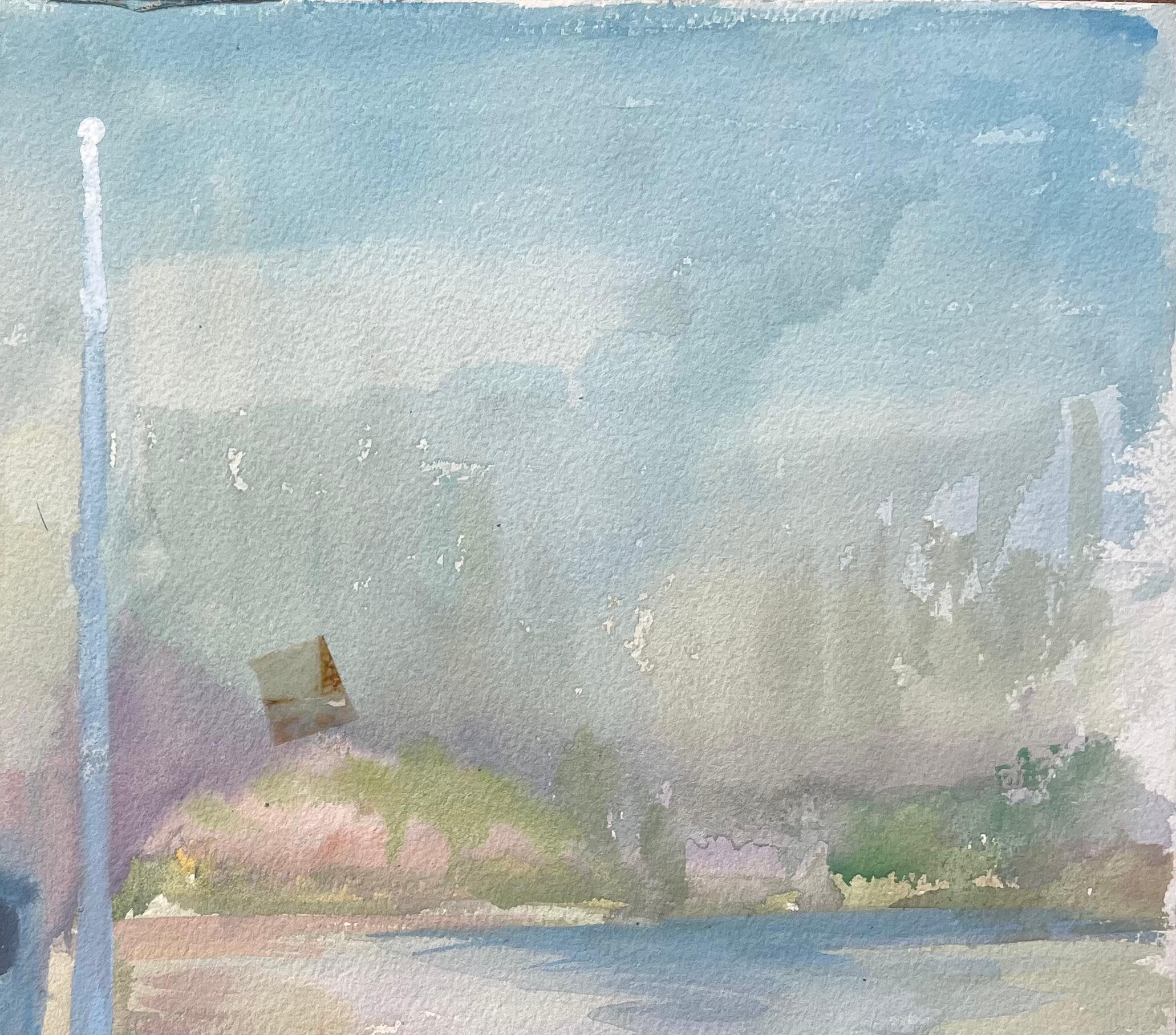 Title: Mid-Century French Watercolour of Fishing Boats and Lighthouse on a Quiet Shore
by Anne Marie Migette Perard (French 1902-1977)
Medium: Watercolor on unframed paper
Size: 13 inches (height) x 16 inches (width) 
Condition: As is normal with