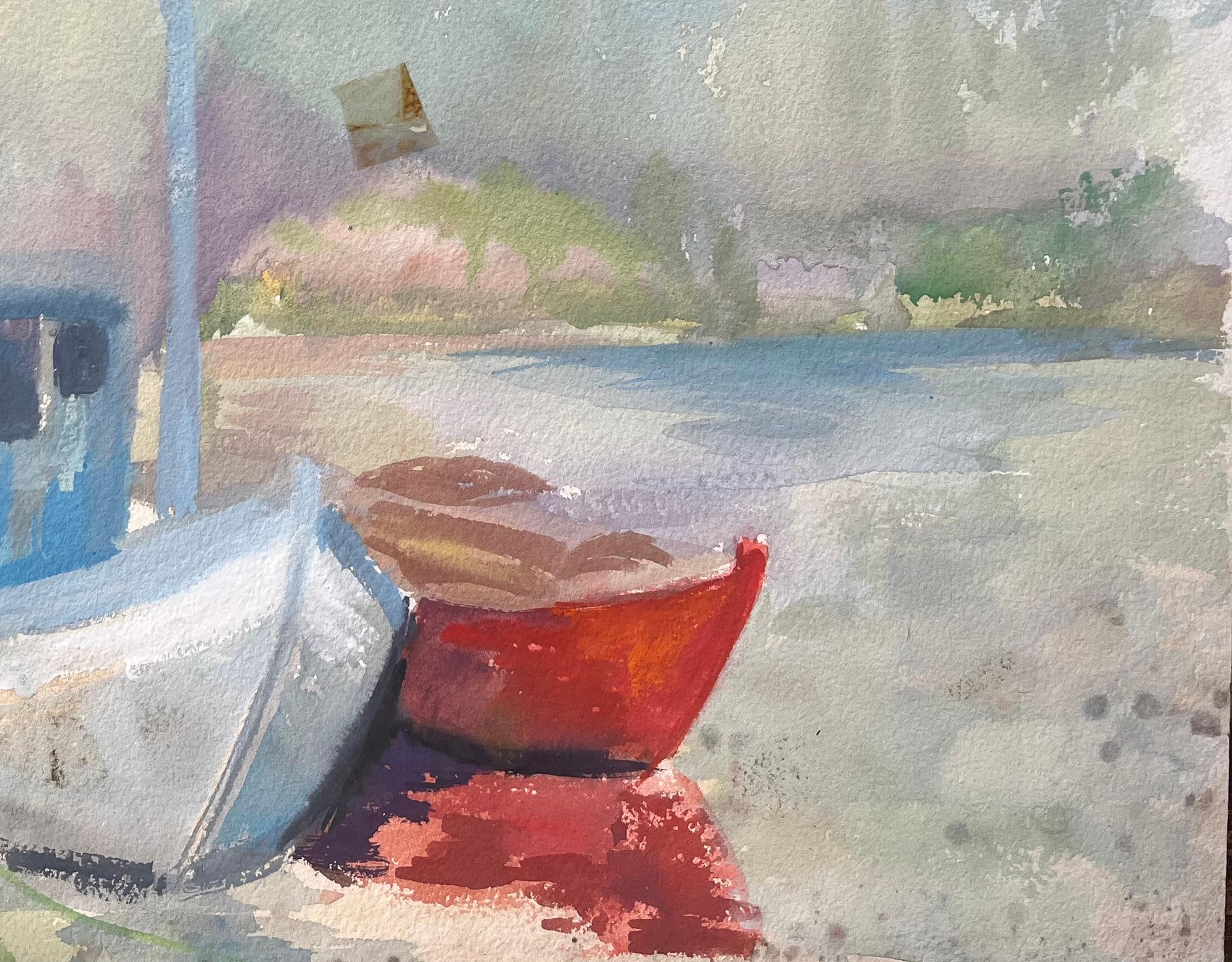 Mid-Century French Watercolour of Fishing Boats and Lighthouse on a Quiet Shore For Sale 1