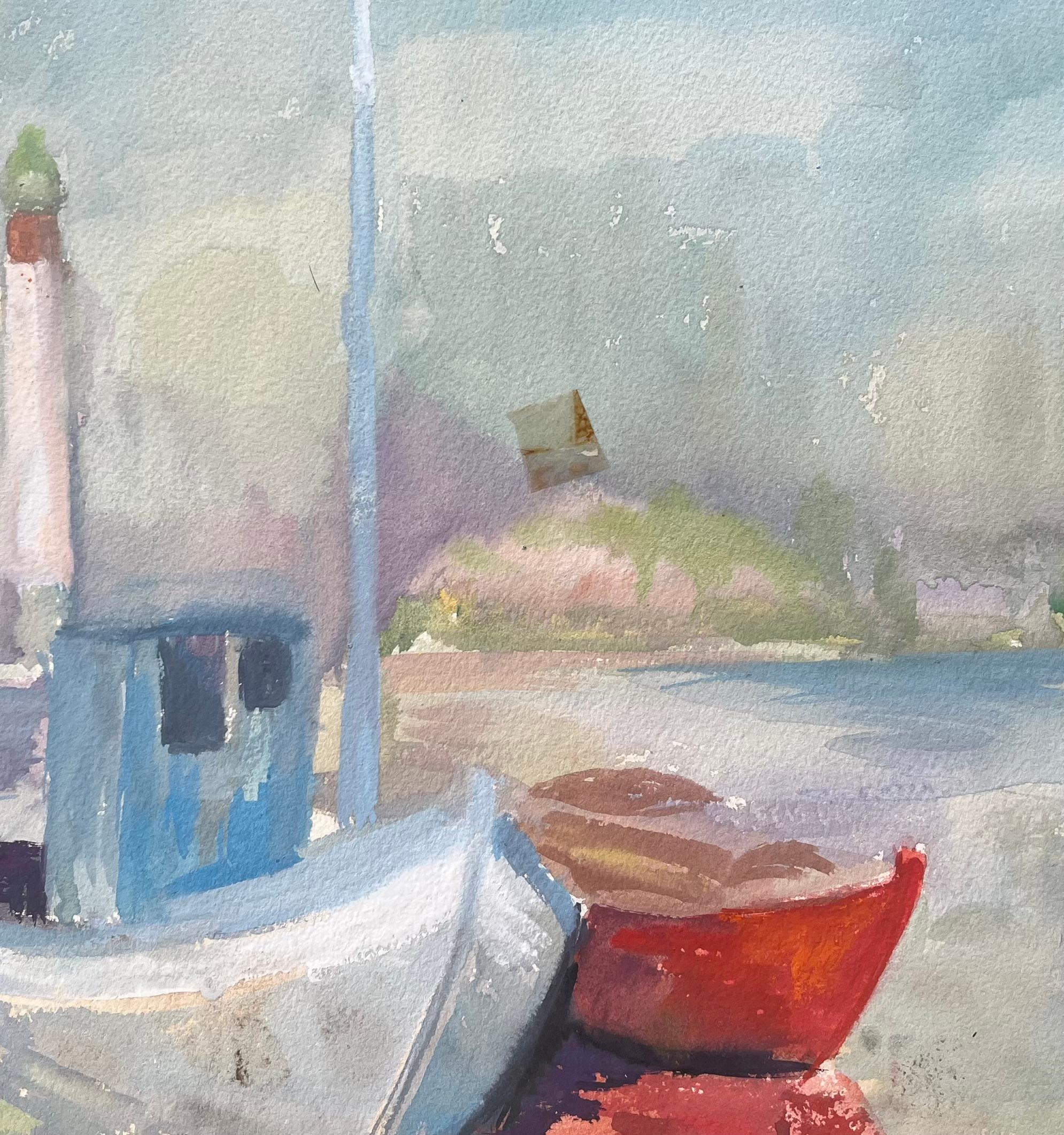 Mid-Century French Watercolour of Fishing Boats and Lighthouse on a Quiet Shore For Sale 2