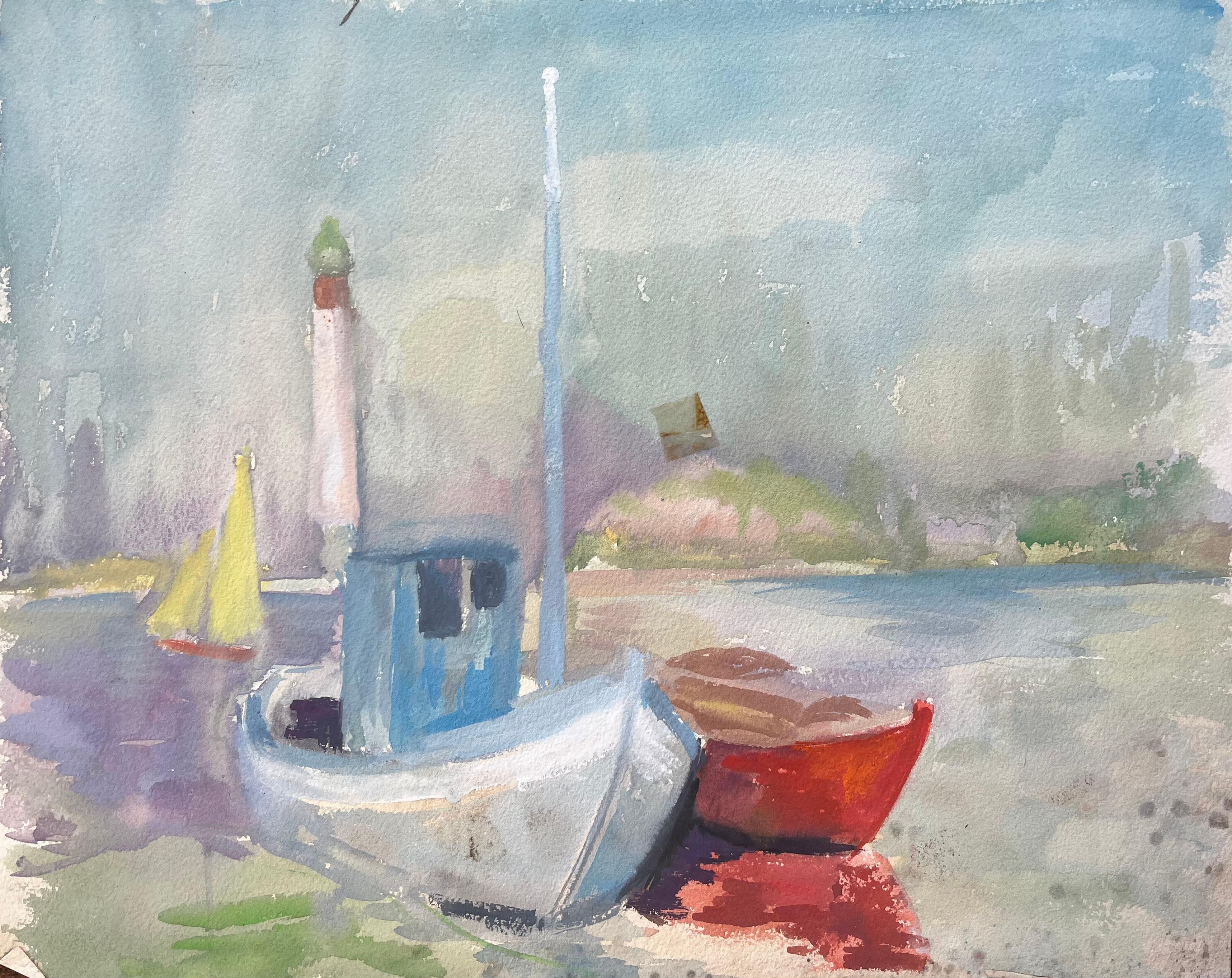 Anne Marie Migette Perard Figurative Painting - Mid-Century French Watercolour of Fishing Boats and Lighthouse on a Quiet Shore