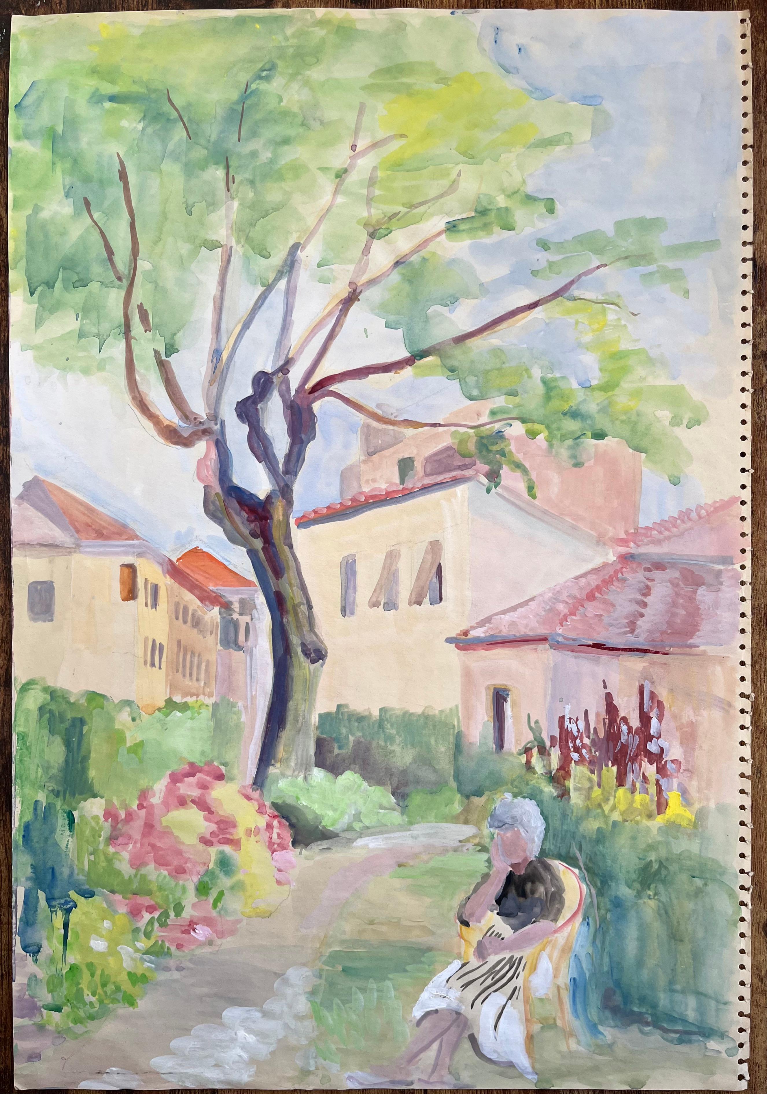 Acquerello francese di metà secolo raffigurante donna seduta in giardino con fiori rosa - Painting di Anne Marie Migette Perard