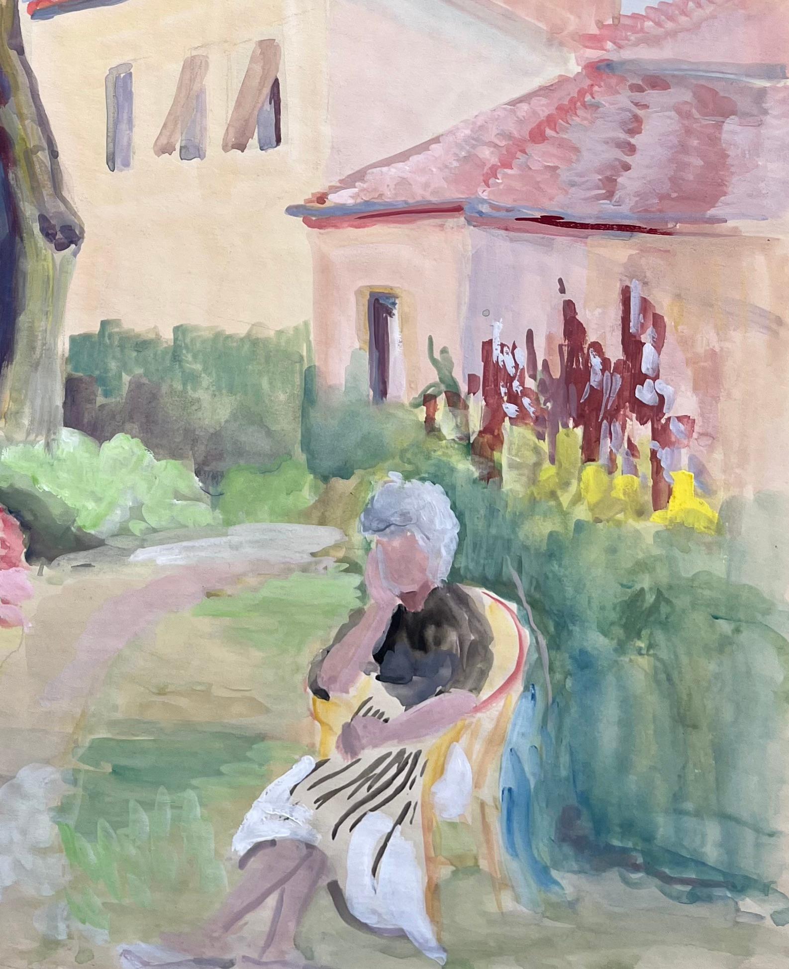 Acquerello francese di metà secolo raffigurante donna seduta in giardino con fiori rosa - Painting Postimpressionismo di Anne Marie Migette Perard