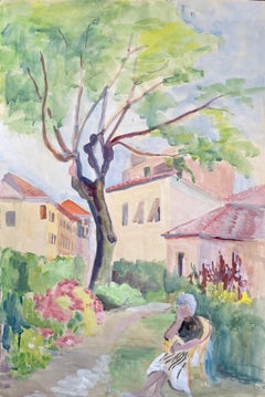 Mid-Century French Watercolour of Woman Seated in Garden With Pink Flowers