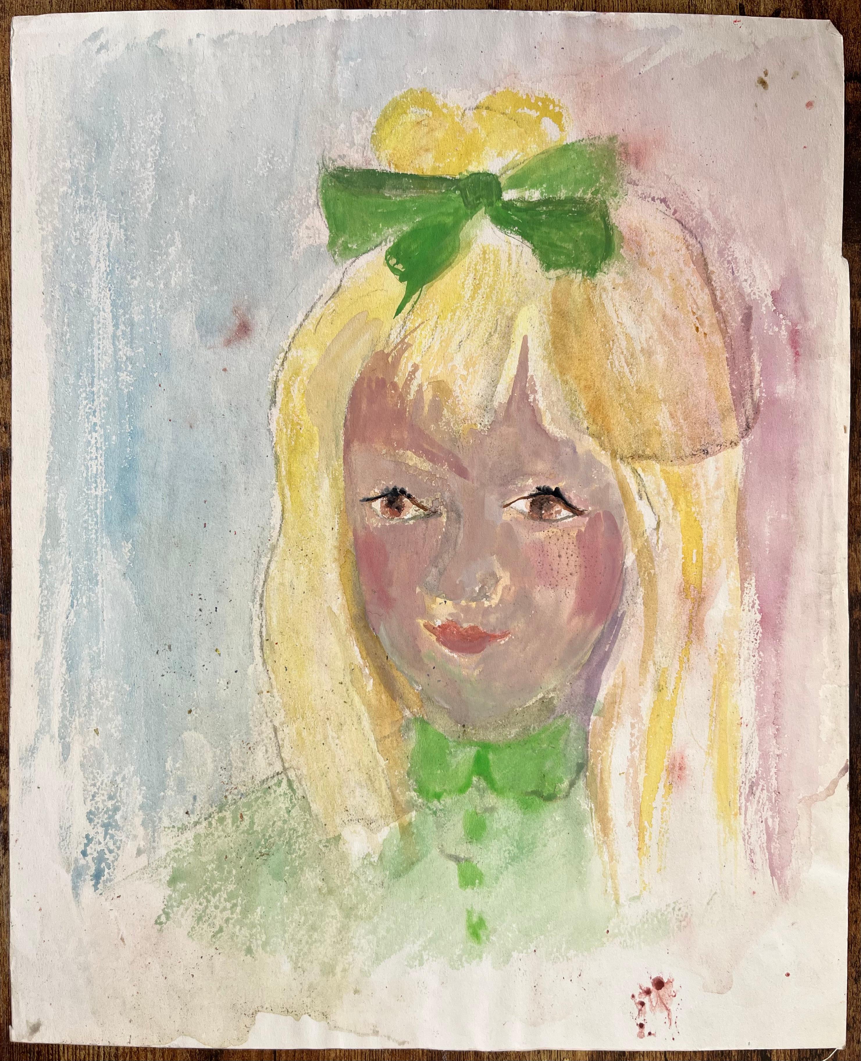 Acuarela francesa de mediados de siglo Retrato de niña rubia con lazo y vestido verdes - Painting de Anne Marie Migette Perard