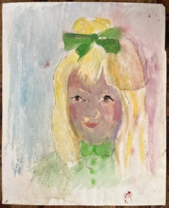 Mid-Century French Watercolour Portrait of Blonde Girl With Green Bow and Dress