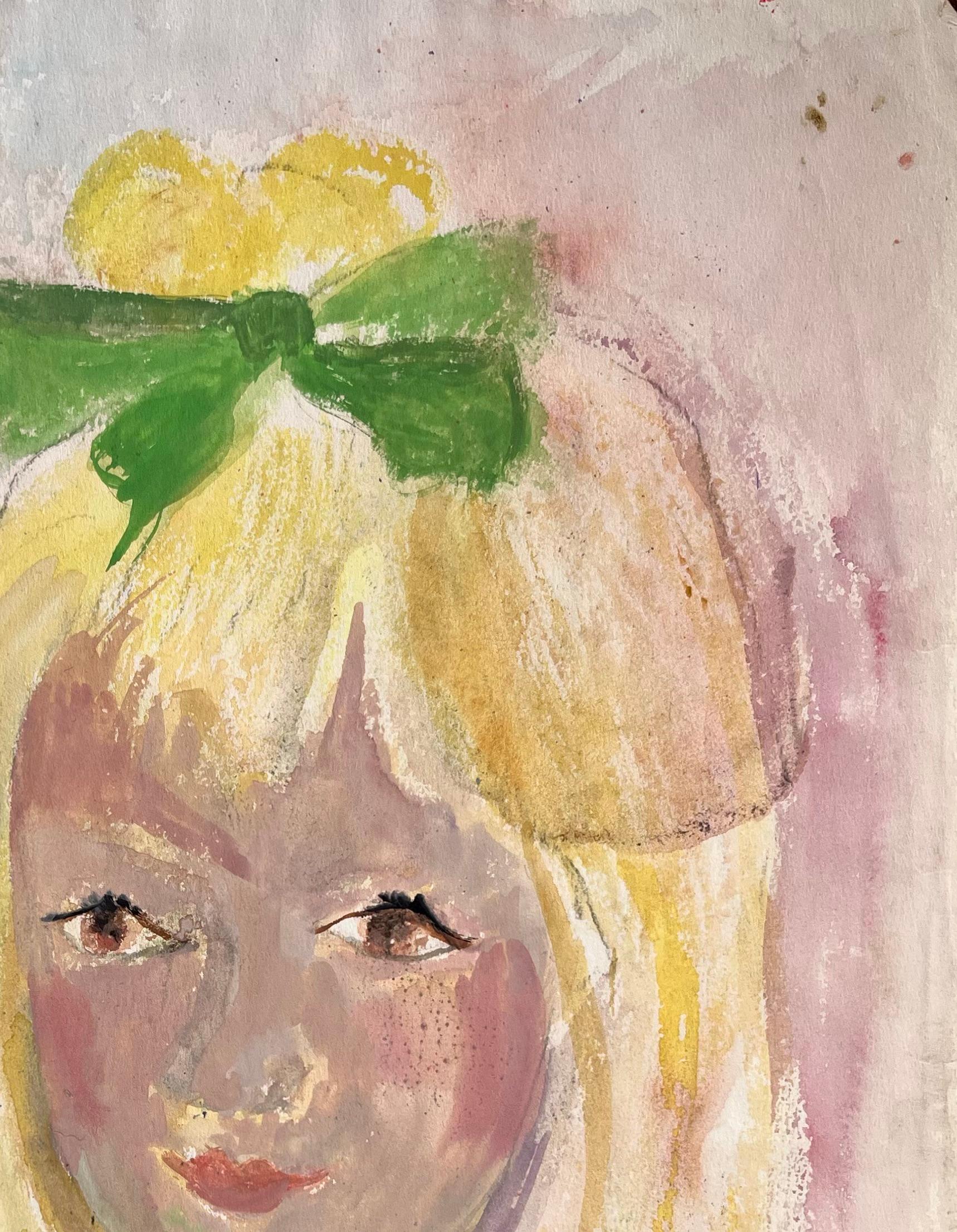 Acuarela francesa de mediados de siglo Retrato de niña rubia con lazo y vestido verdes - Painting Posimpresionista de Anne Marie Migette Perard
