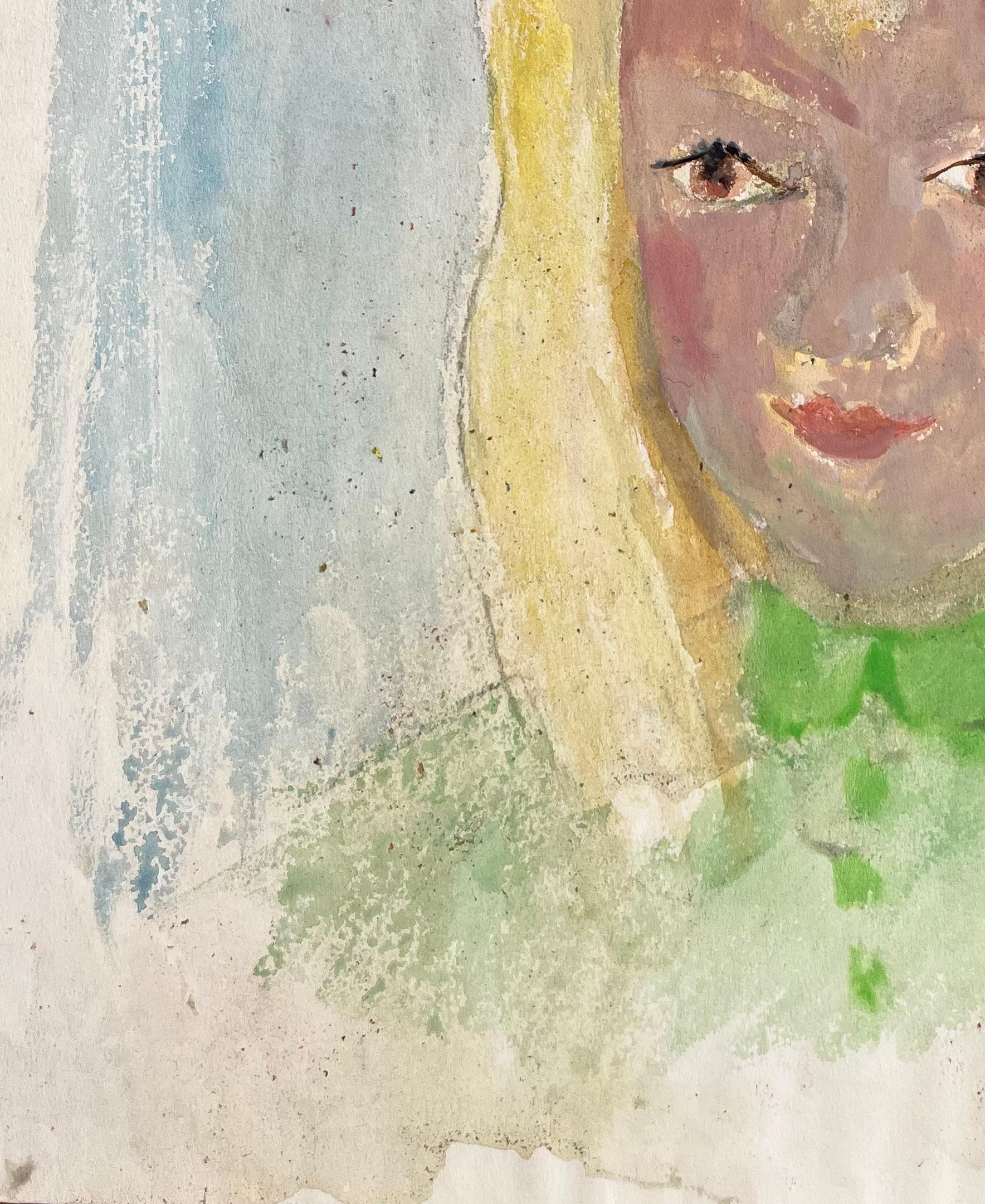 Acuarela francesa de mediados de siglo Retrato de niña rubia con lazo y vestido verdes en venta 1