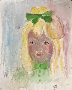 Vintage Mid-Century French Watercolour Portrait of Blonde Girl With Green Bow and Dress