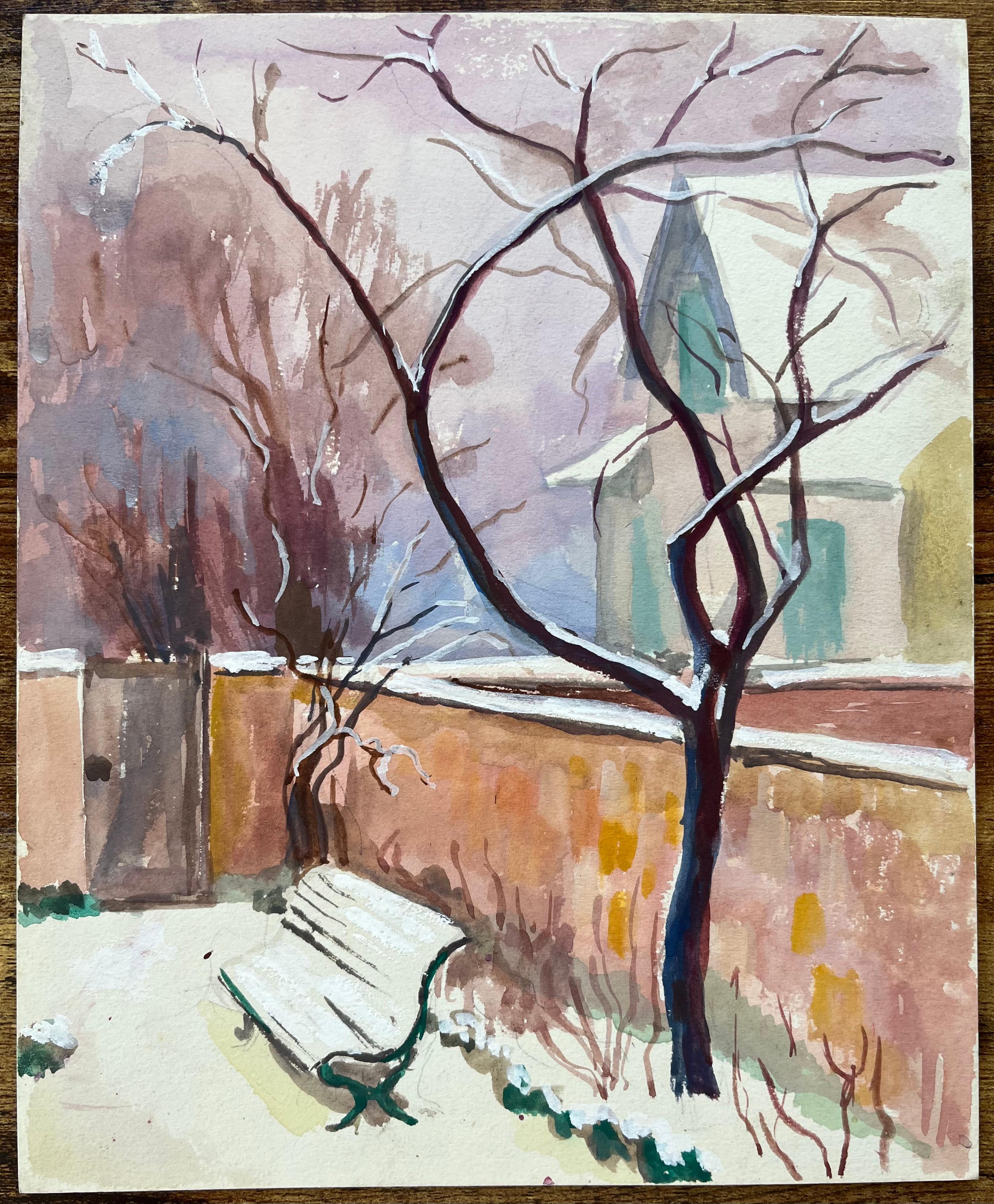 Acuarela francesa de mediados de siglo Escena de jardín de invierno con banco de pared e iglesia - Painting de Anne Marie Migette Perard