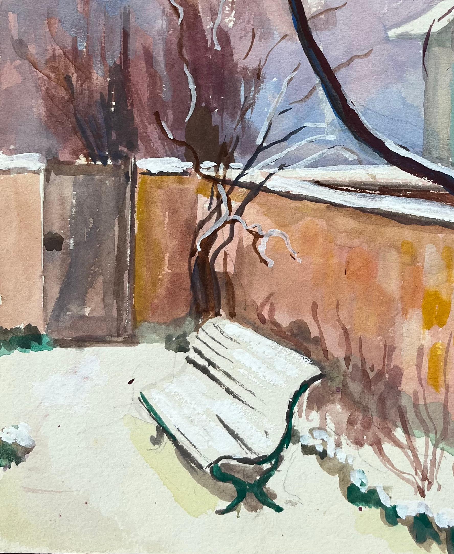 Acuarela francesa de mediados de siglo Escena de jardín de invierno con banco de pared e iglesia - Painting Posimpresionista de Anne Marie Migette Perard