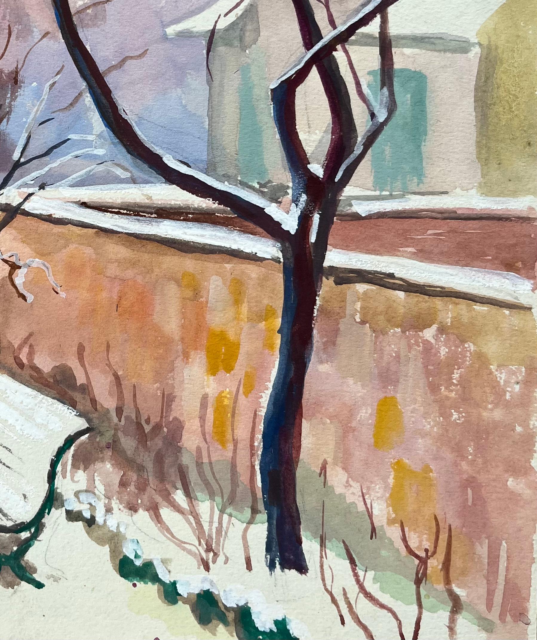 Acuarela francesa de mediados de siglo Escena de jardín de invierno con banco de pared e iglesia - Figurative Painting Gris de Anne Marie Migette Perard