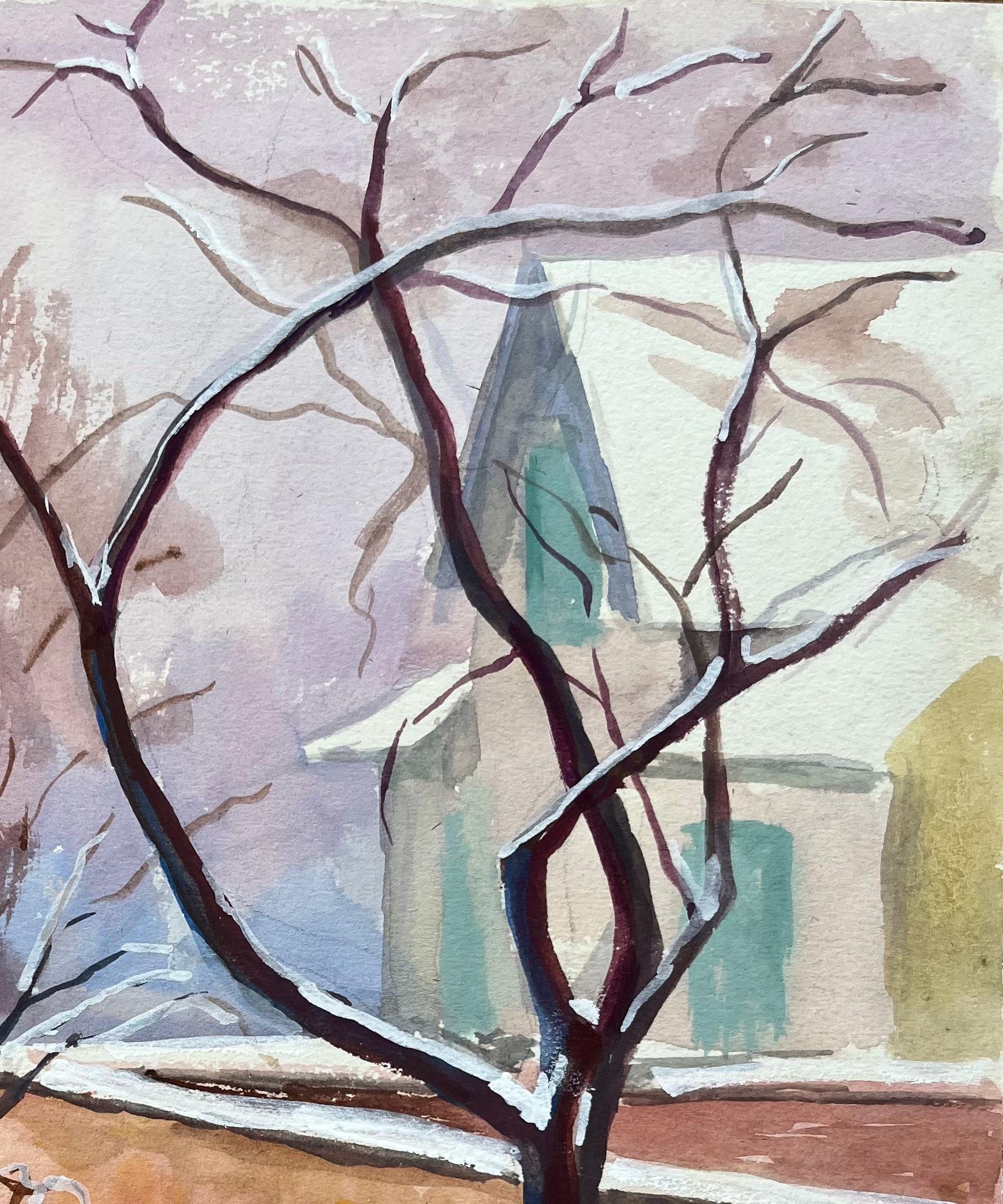 Acuarela francesa de mediados de siglo Escena de jardín de invierno con banco de pared e iglesia en venta 1