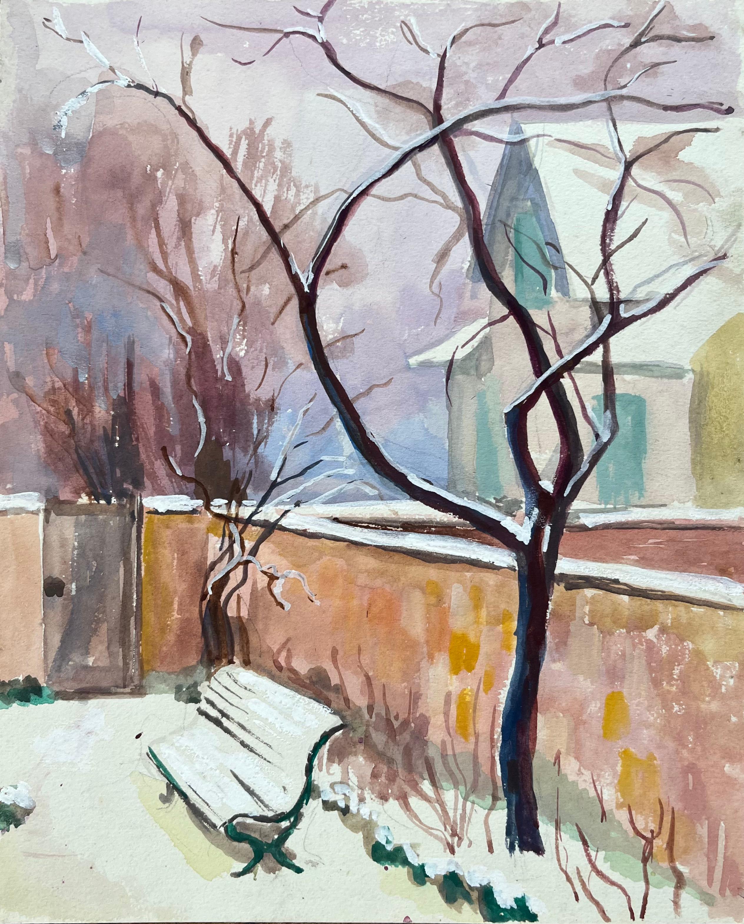 Figurative Painting de Anne Marie Migette Perard - Acuarela francesa de mediados de siglo Escena de jardín de invierno con banco de pared e iglesia
