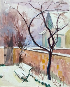 Mid-Century French Watercolour Winter Garden Scene With Bench Wall and Church