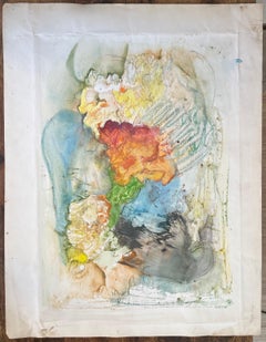 Mid-Century Textured Abstract Watercolour With Swan Bird and Sleeping Face