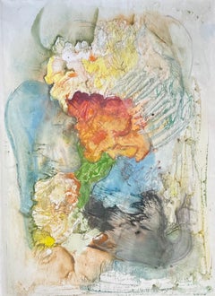 Mid-Century strukturierte abstrakte Aquarell mit Schwan Vogel und schlafenden Gesicht