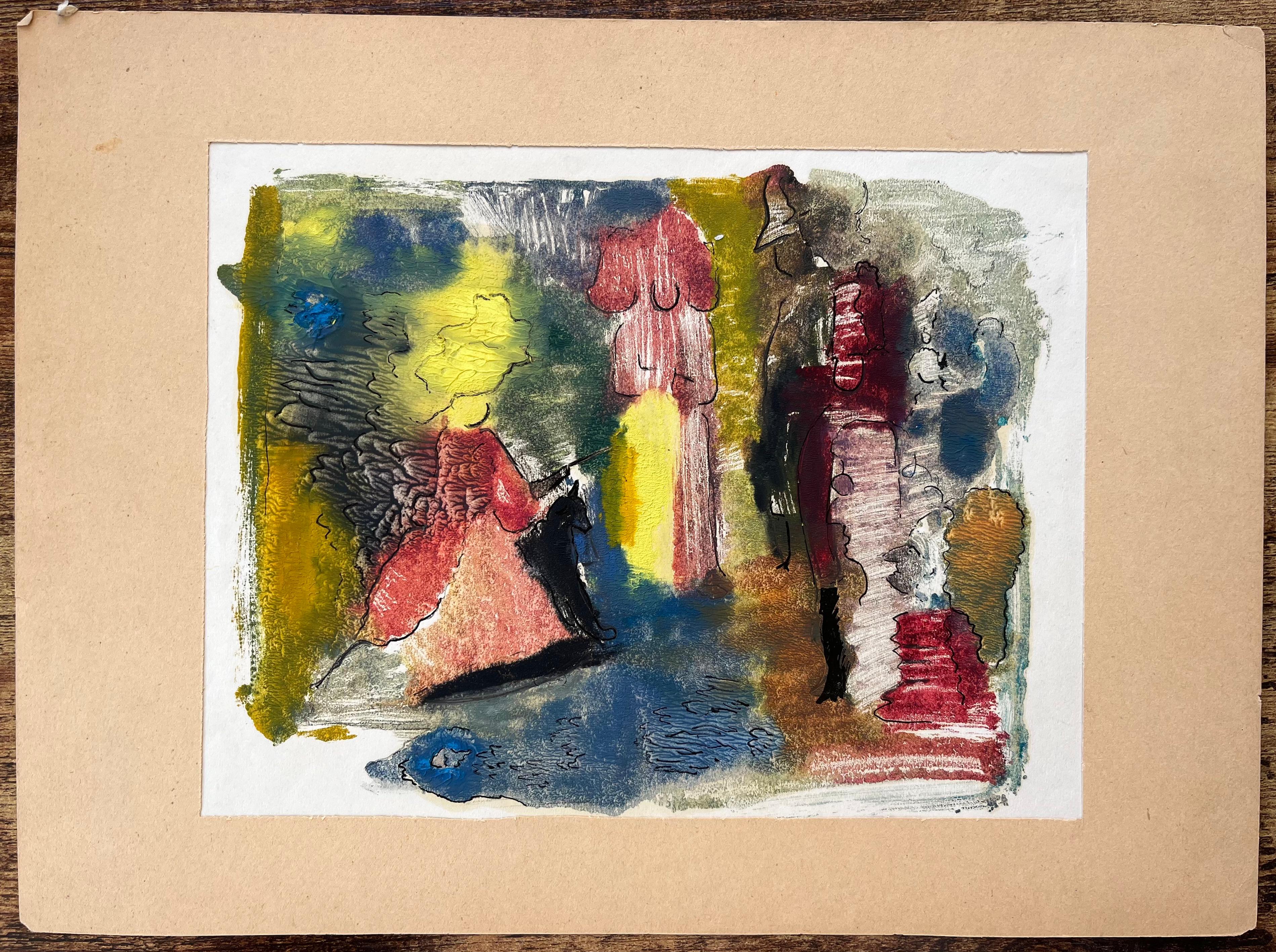 Romeo and Juliette Dramatic Abstract Painting in Rich Mixed Media - Brown Figurative Painting by Anne Marie Migette Perard