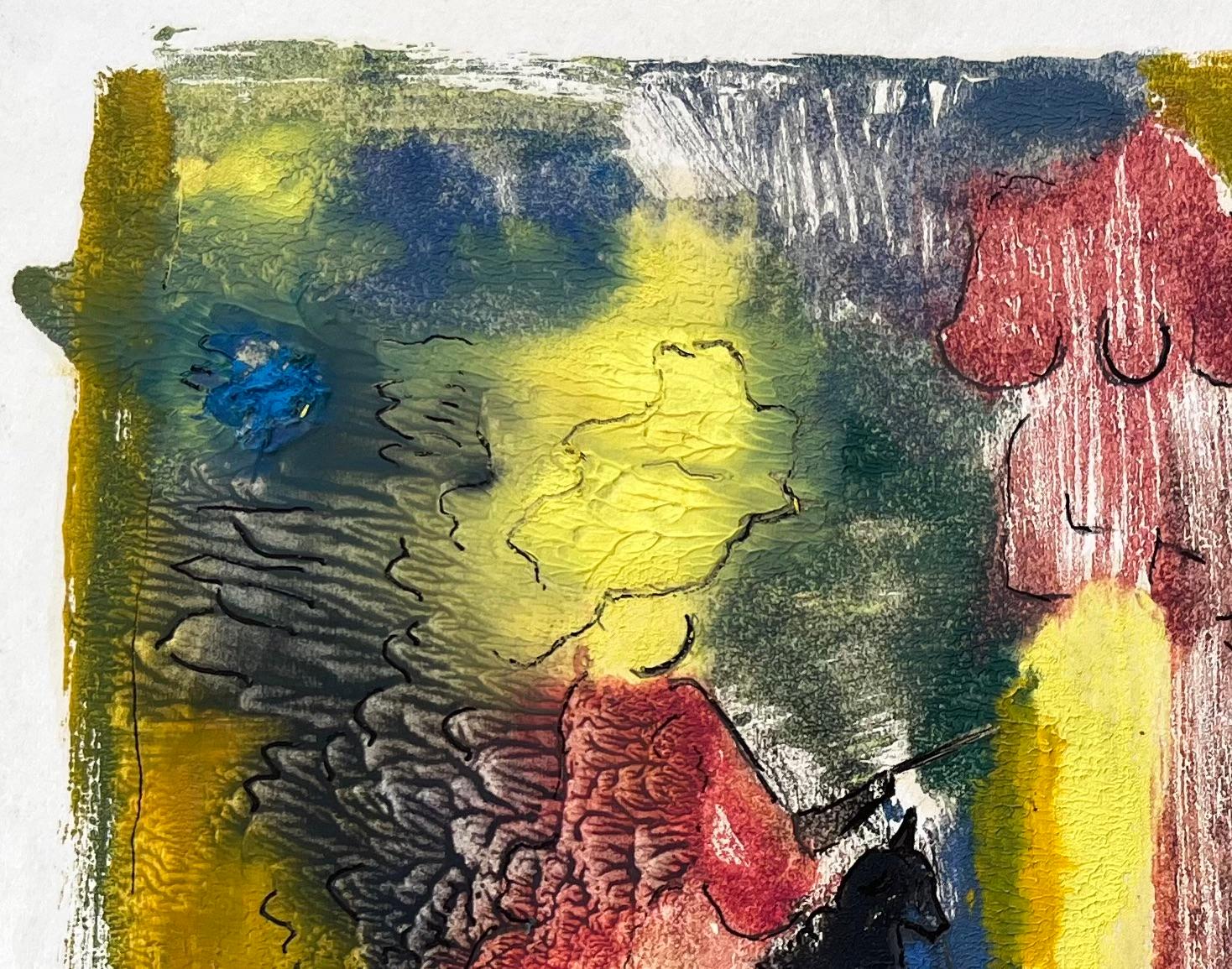 Title: Romeo and Juliette Dramatic Abstract Painting in Rich Mixed Media
by Anne Marie Migette Perard (French 1902-1977)
Medium: Mixed media on paper—oil, pastel, and ink with impasto texture
Size: 9.5 inches (height) x 12.25 inches (width) (total