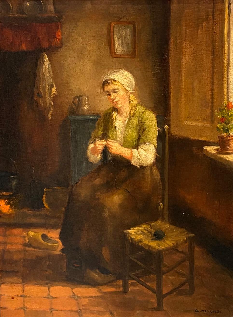 Knitting woman by Anne Marie Mulder - Oil on canvas 30x40 cm