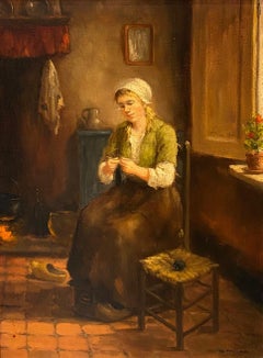 Vintage Knitting woman by Anne Marie Mulder - Oil on canvas 30x40 cm