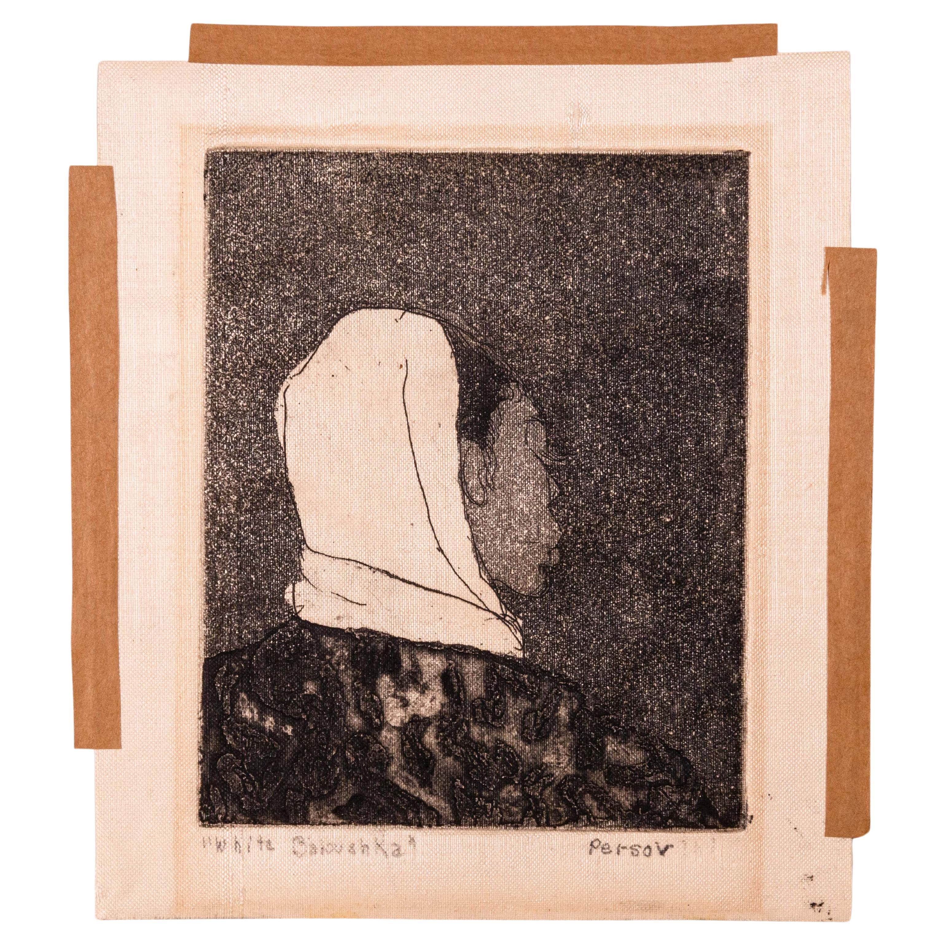 Anne-Marie Persov White Babushka Firmata Acquatinta figurativa moderna 1961 in vendita