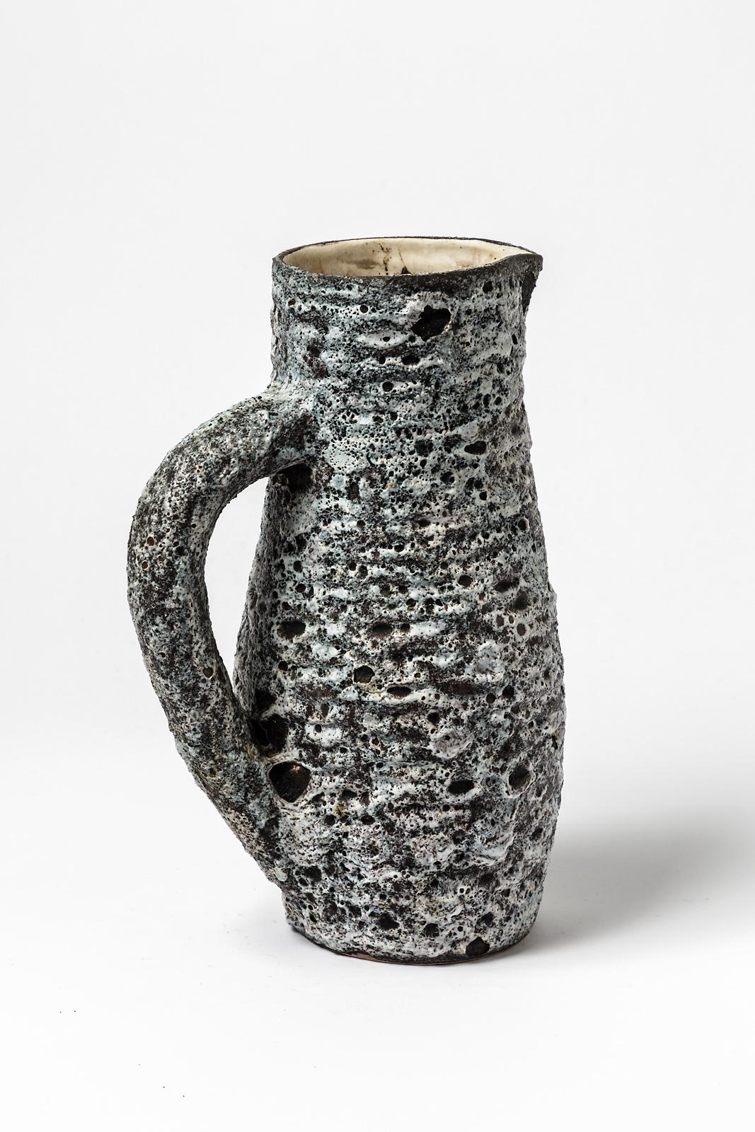 French Anne Masse Vallauris Black and Whitemid Century Ceramic Pitcher, circa 1960 For Sale