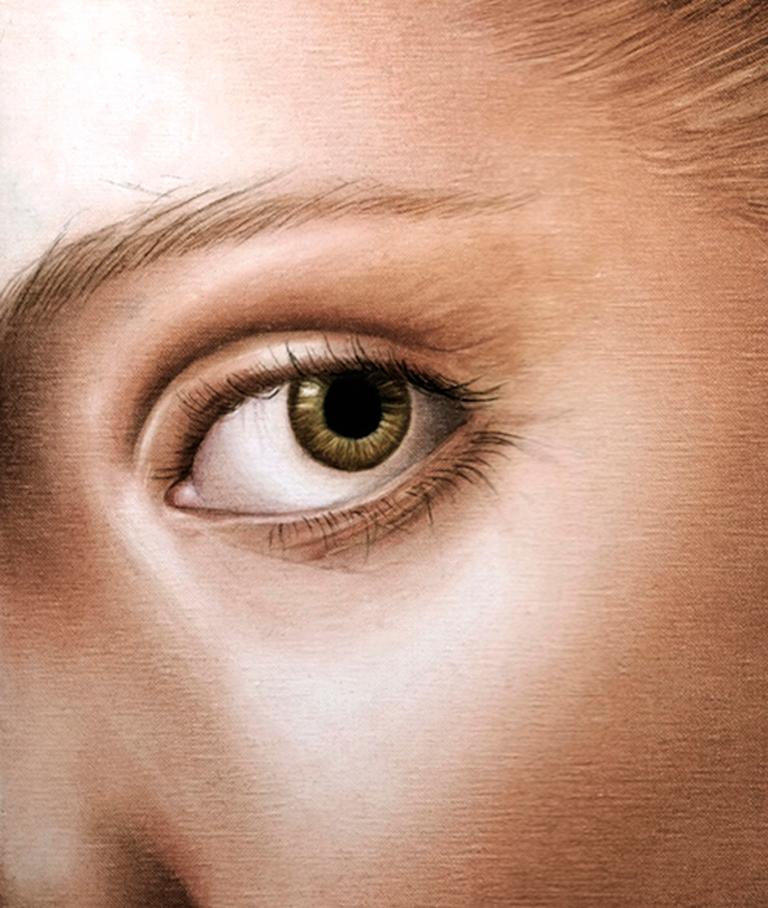 Closer 2 - contemporary woman face eye detail hyperrealistic oil painting - Painting by Anne Moses