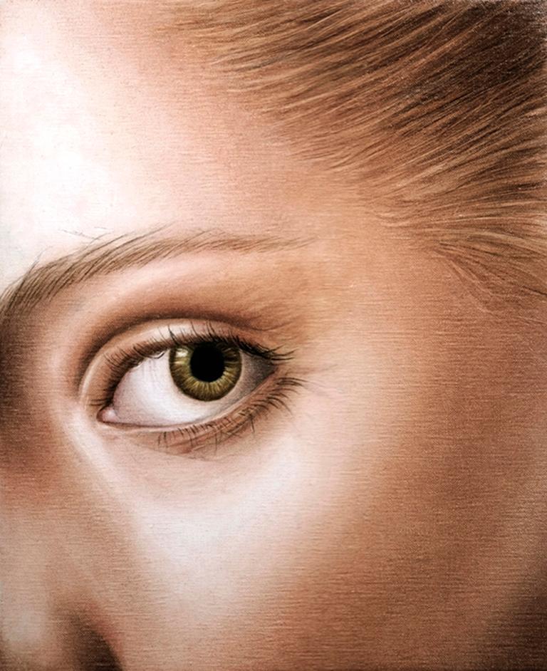 Anne Moses Portrait Painting - Closer 2 - contemporary woman face eye detail hyperrealistic oil painting
