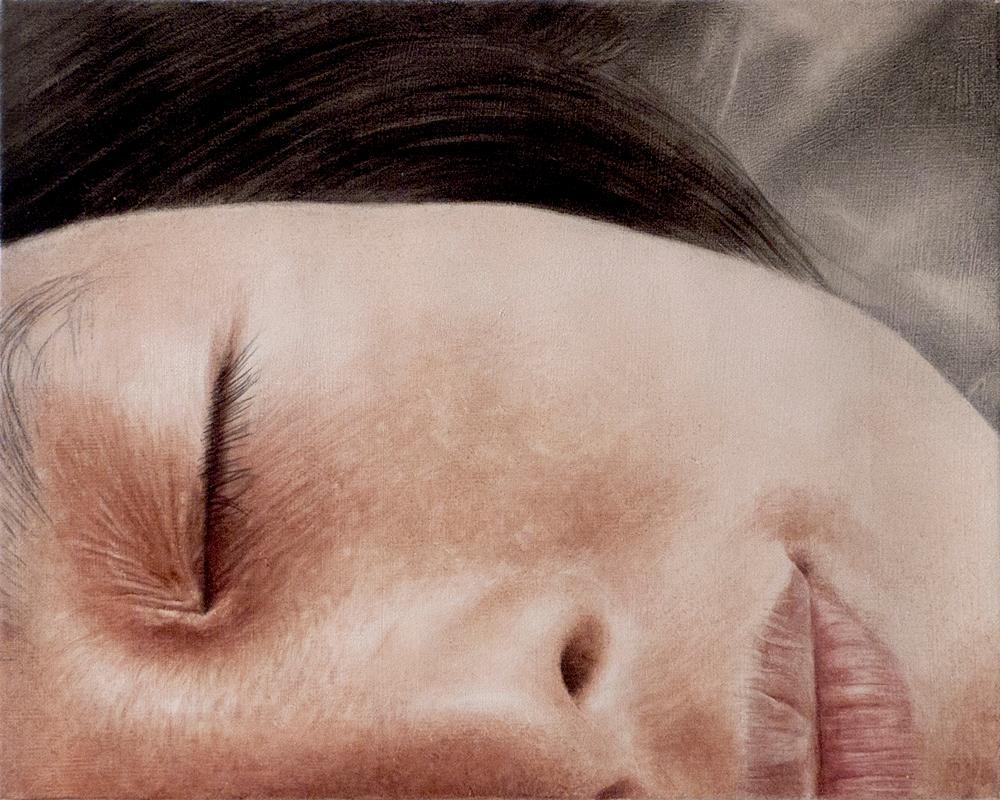 Sleeping Mimi 1 - contemporary hyperrealist close-up child face oil painting