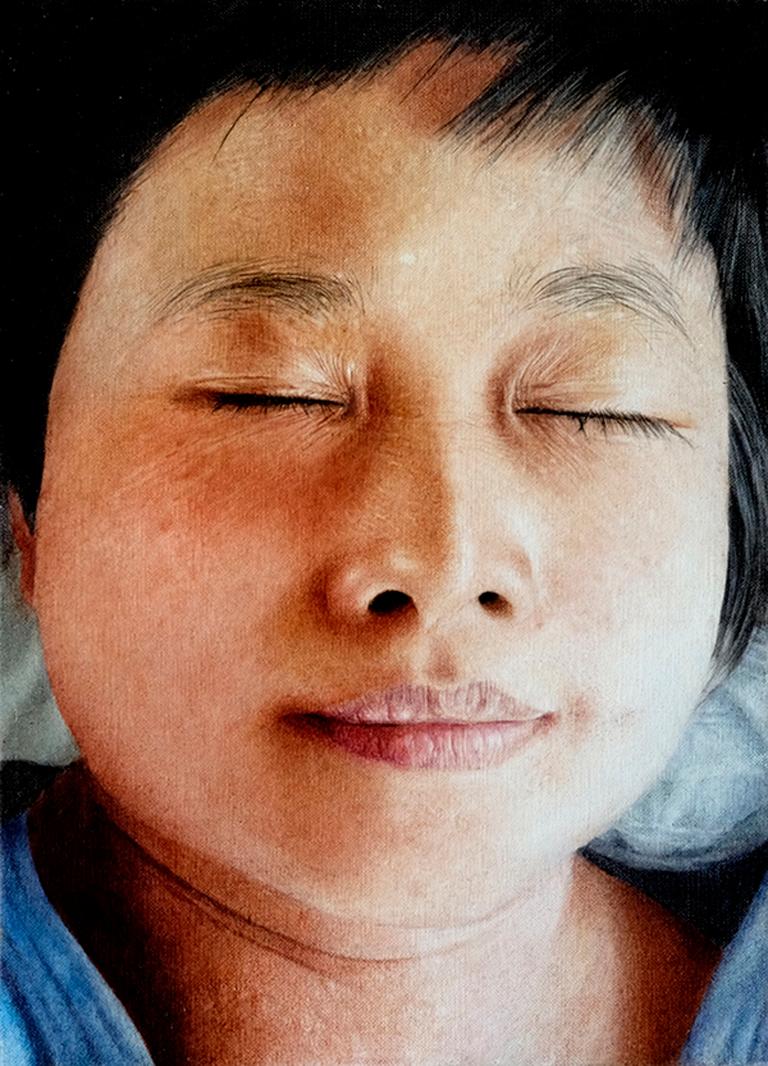 Anne Moses Portrait Painting - Sleeping Mimi 2 - contemporary hyperrealistic portrait child face oil painting