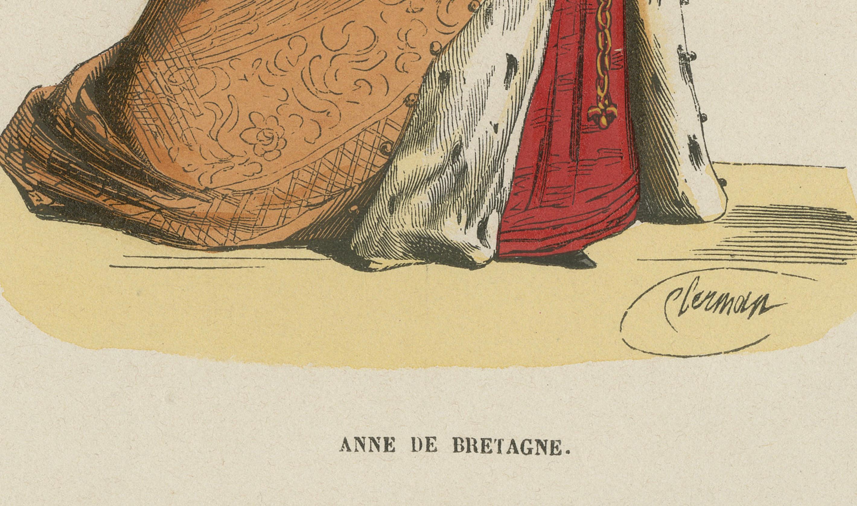 This antique print  represents Anne of Brittany, a significant historical figure who was Duchess of Brittany and twice Queen of France. She stands poised, exuding an air of quiet dignity and regal composure. Her attire is indicative of high medieval