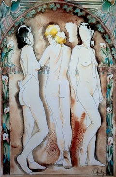 'The Aunties' Figurative Abstract Giclée Print with Watercolor, 20/100, Signed