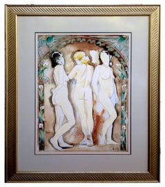 'The Aunties' Figurative Abstract Giclée Print with Watercolor, 20/100, Signed