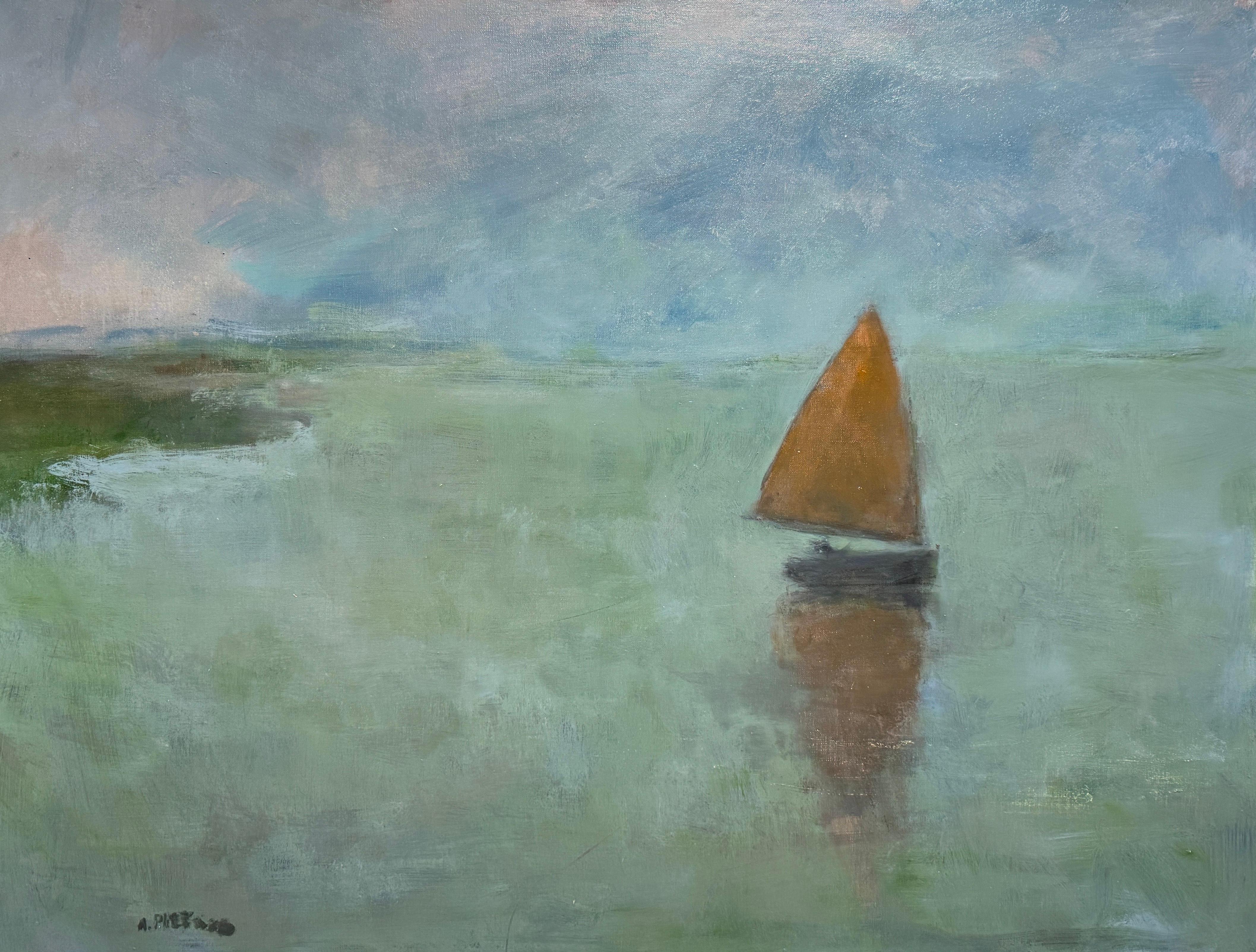 "Breaking Waves" è un dipinto a olio su tela 30x40 della famosa artista Anne Packard. Questo ampio paesaggio marino si estende verso l'orizzonte...  Una barca a vela solitaria di colore arancione galleggia lungo la costa sotto un cielo blu lunatico.