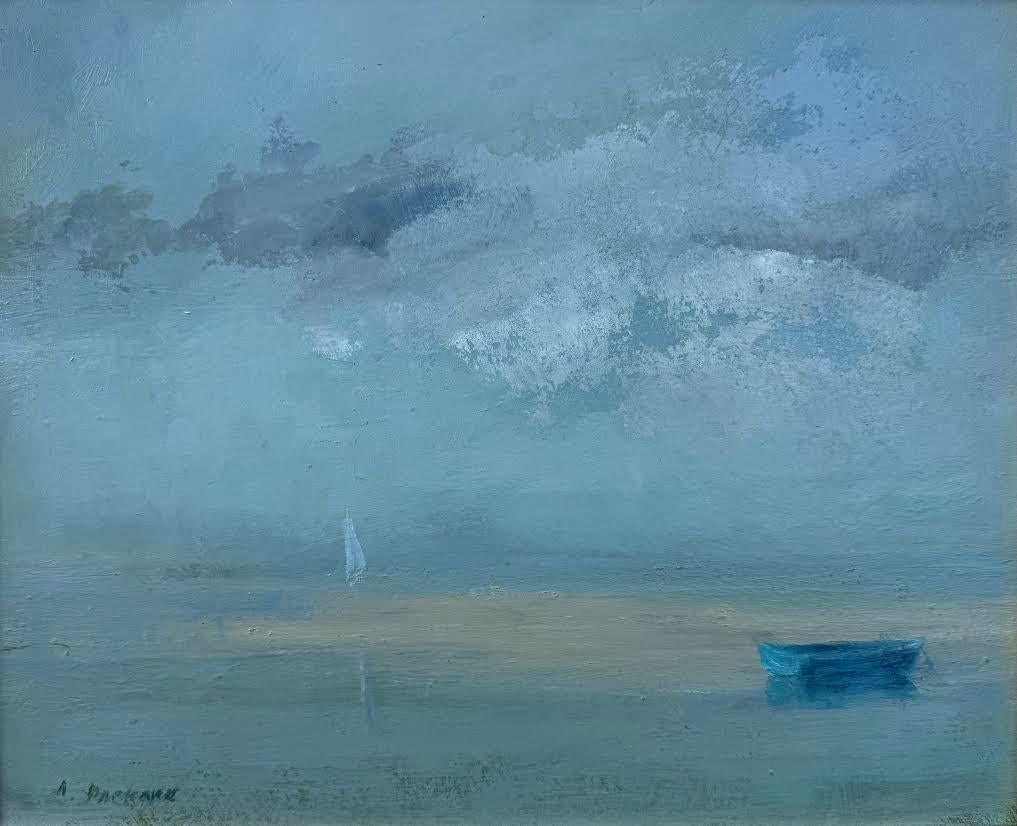 Ann Packard Landscape Painting - Anne Packard, "Stillness", 18x22 Beach Seascape Oil Painting on Canvas