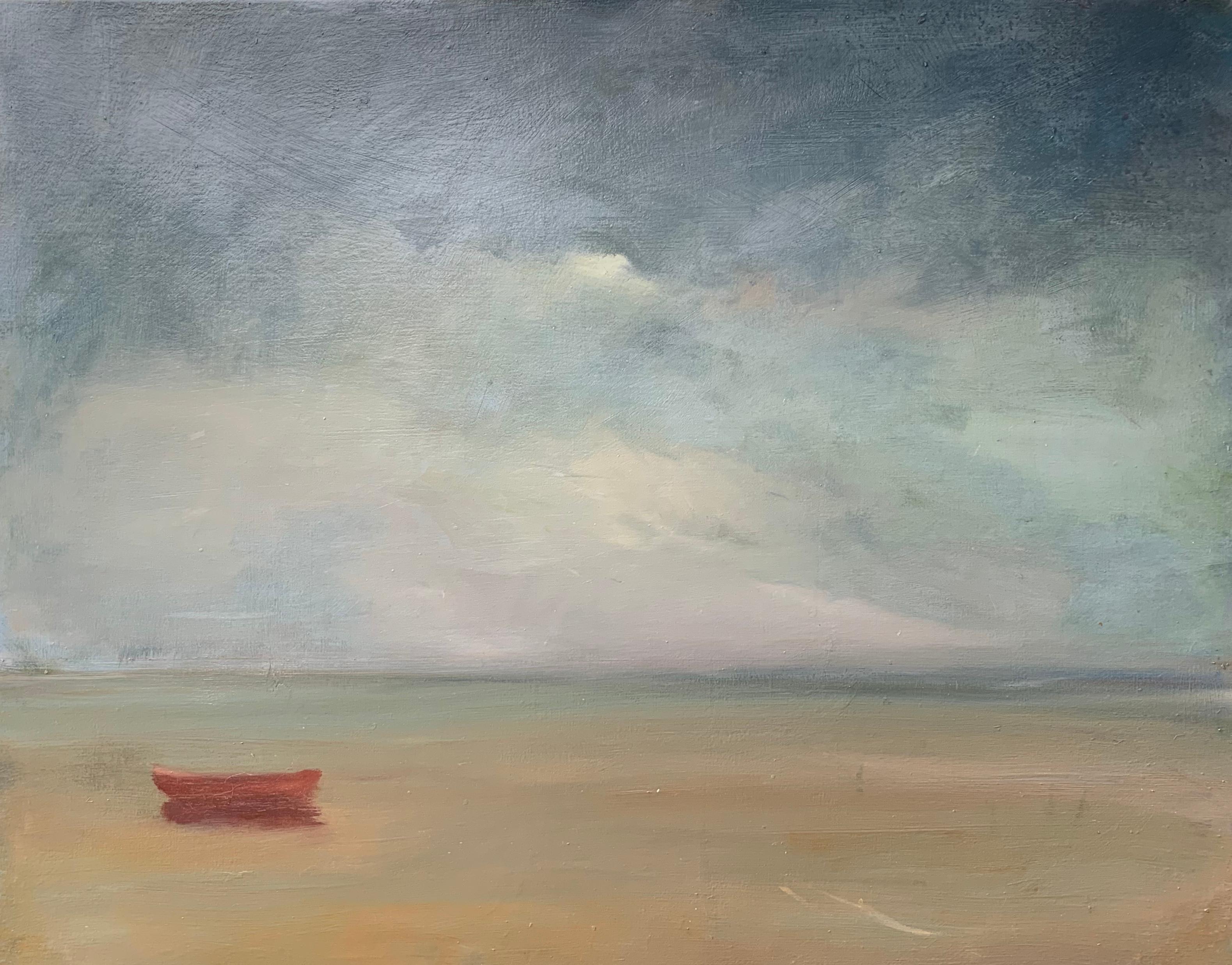 Ann Packard Figurative Painting - Lone Red Dory, Anne Packard 24x30" oil painting
