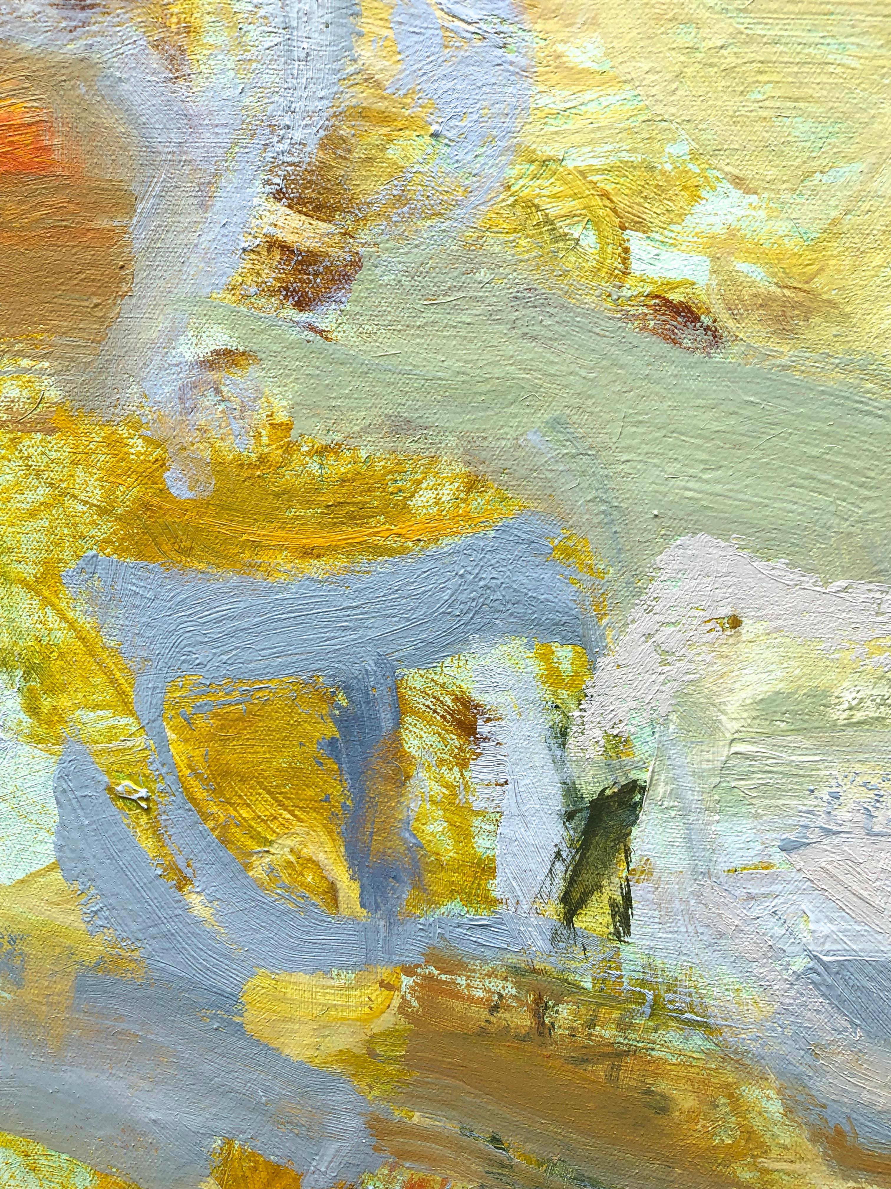 Anne Raymond's work turns outward to the natural world and is inspired by nature and the transitory quality of changing light. Sky, water and motion are recurring themes. This painting nods to the yellows found in early DeKooning paintings, and