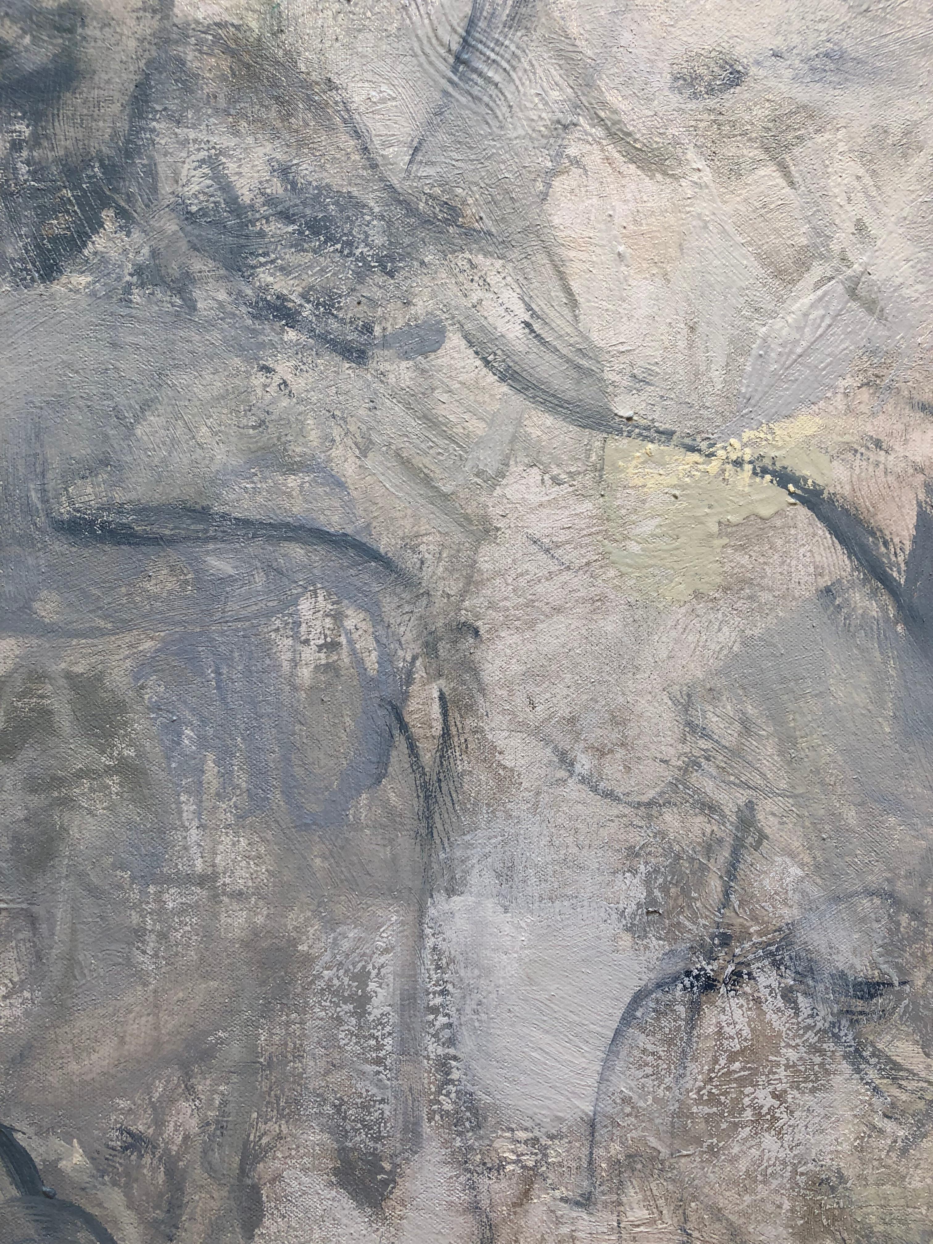 Anne Raymond's work turns outward to the natural world and is inspired by nature and the transitory quality of changing light. Sky, water and motion are recurring themes. This large playful painting is a luminous marriage of silvery whites, ivory